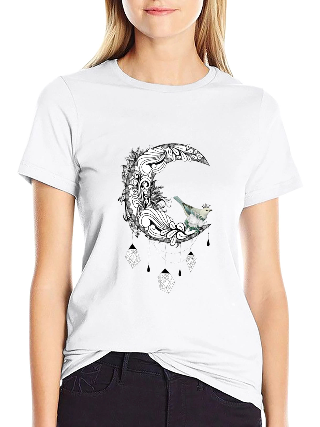Black T-Shirt with Moon and Bird Graphic