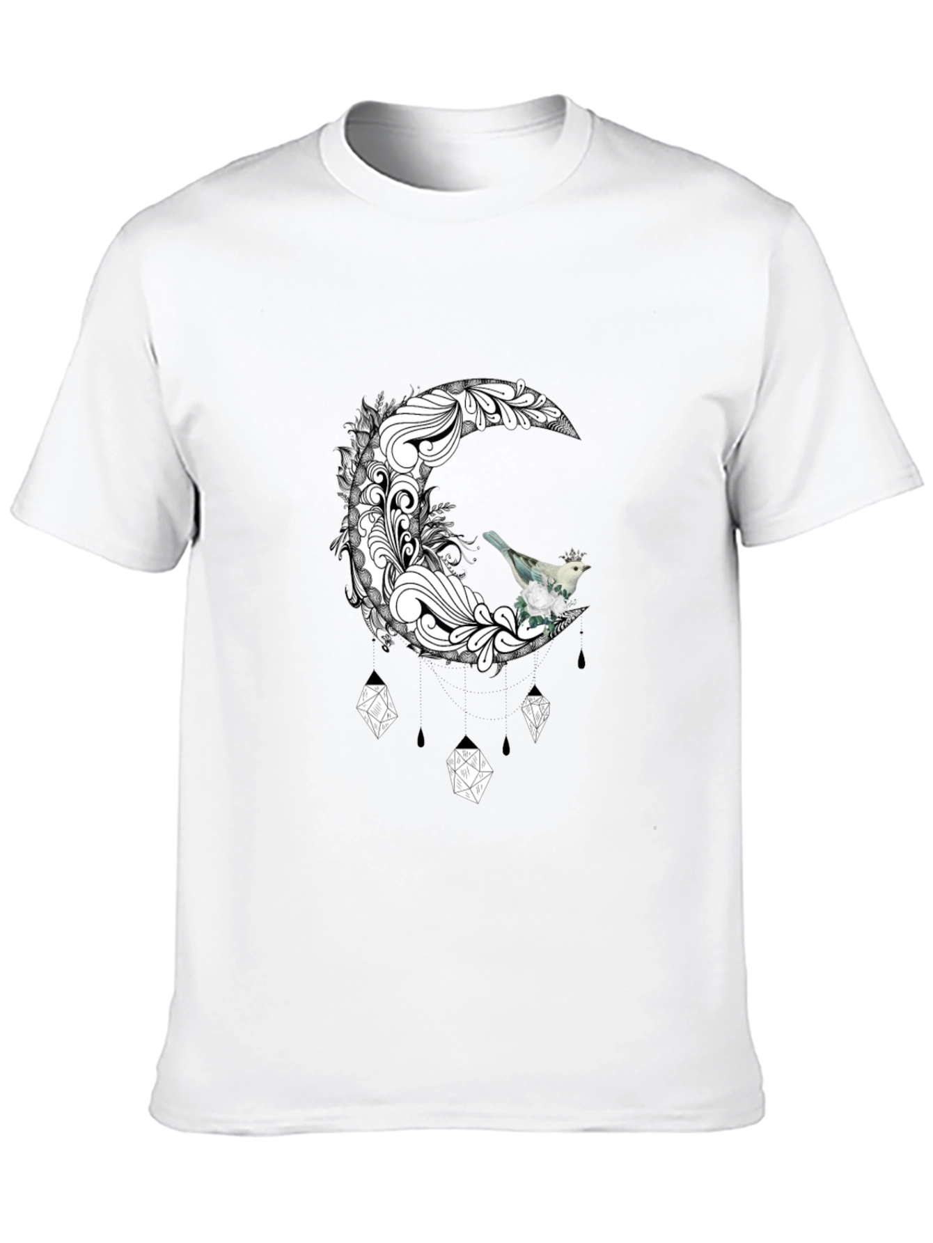 Black T-Shirt with Moon and Bird Graphic