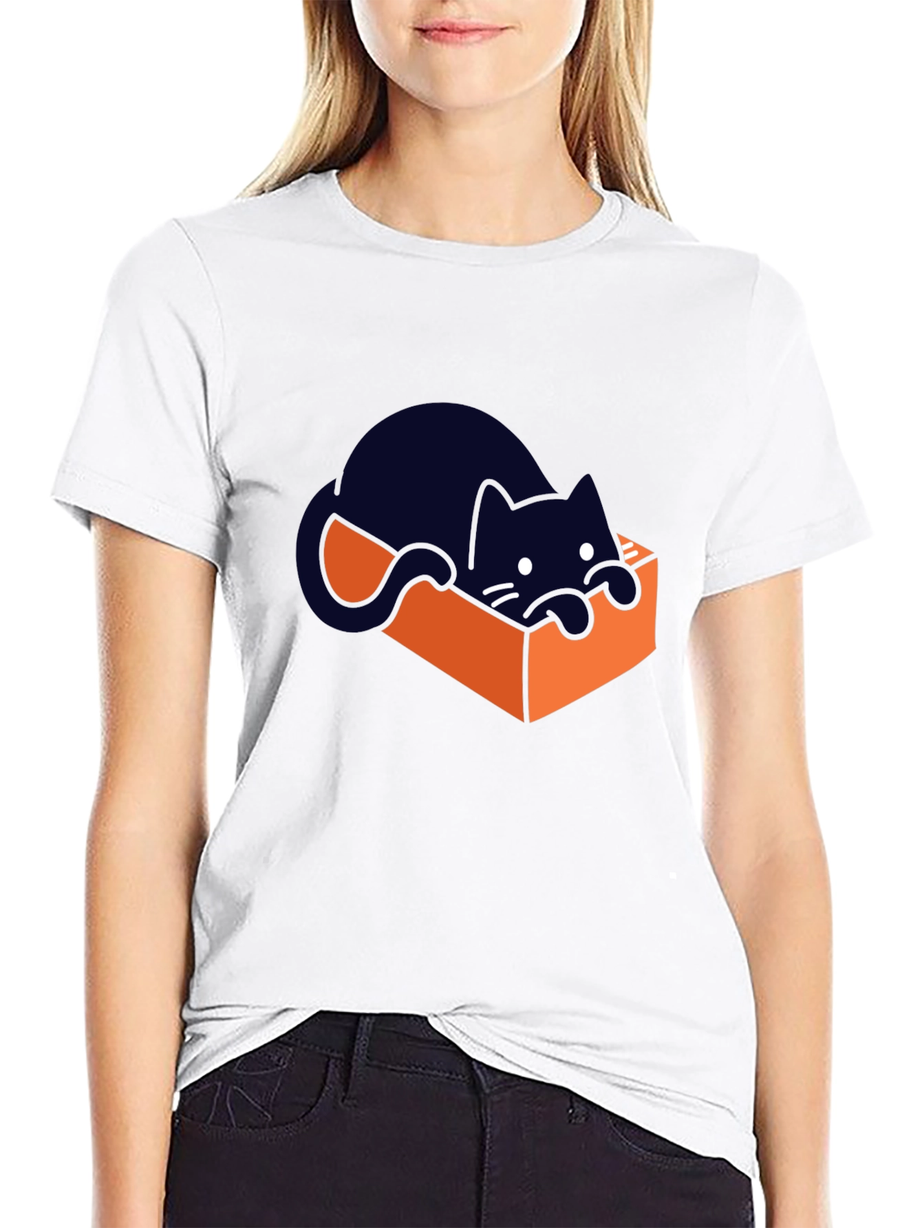 Cute Cat in a Box Graphic T-Shirt - Black