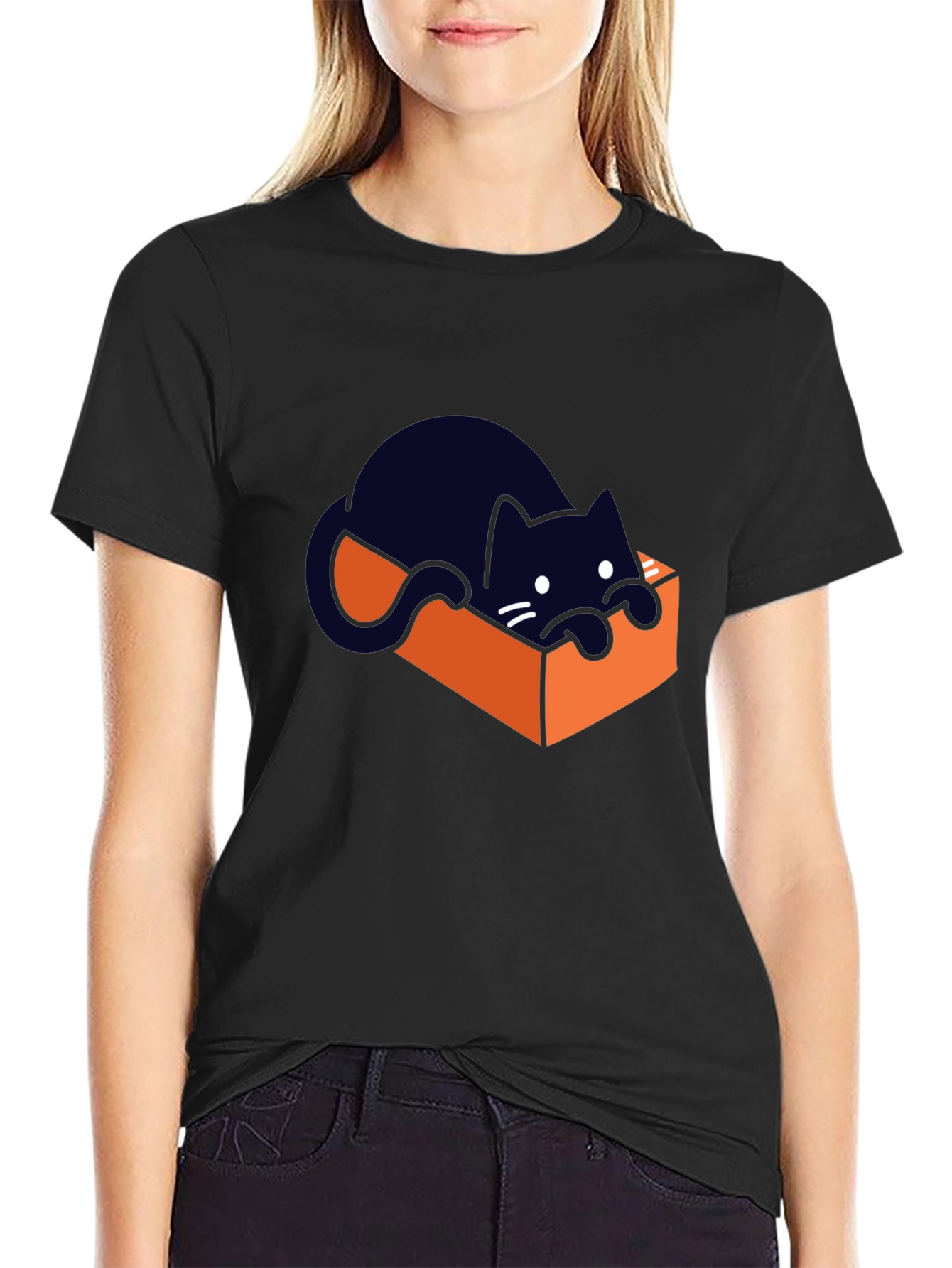 Cute Cat in a Box Graphic T-Shirt - Black