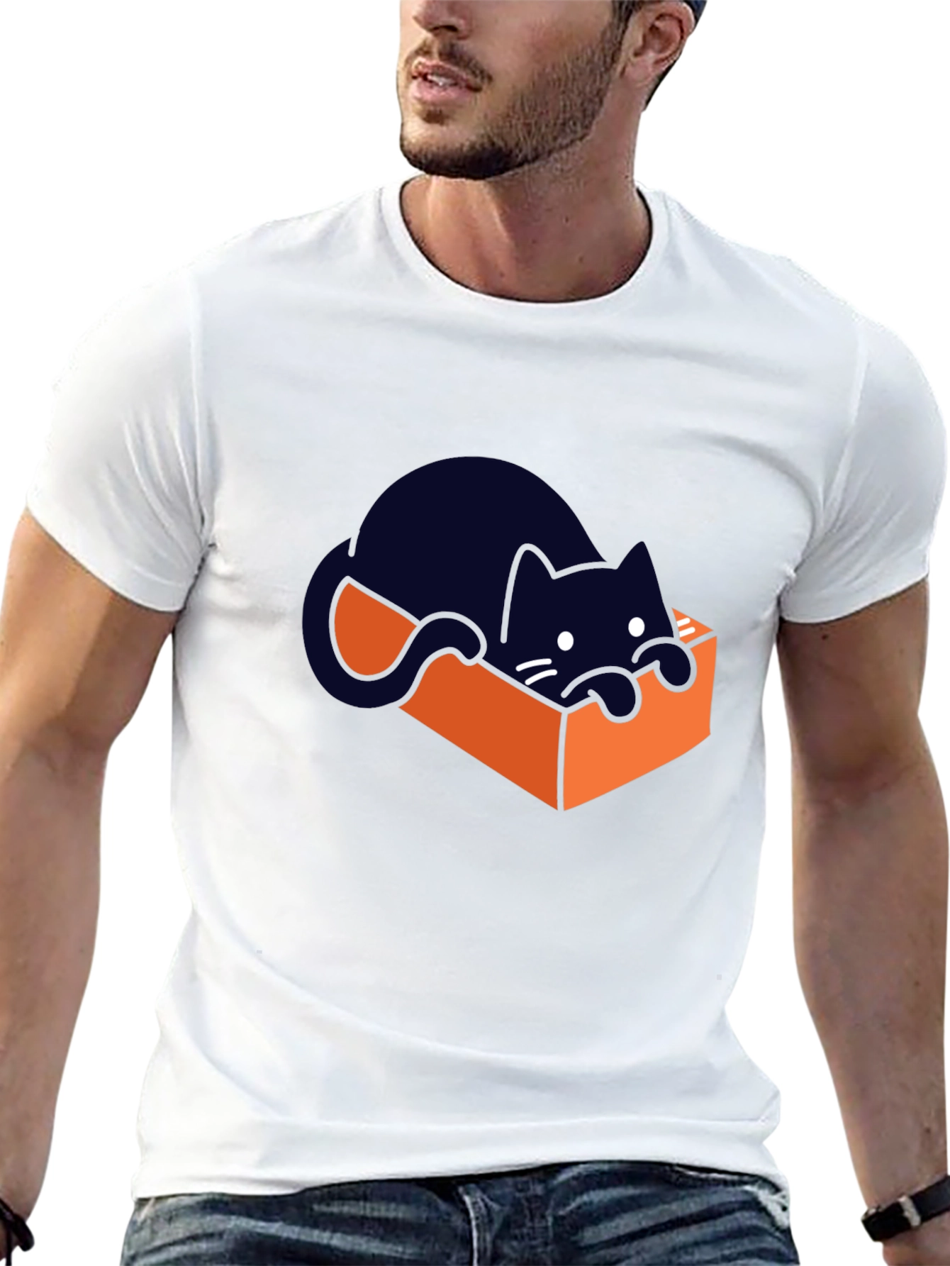 Cute Cat in a Box Graphic T-Shirt - Black
