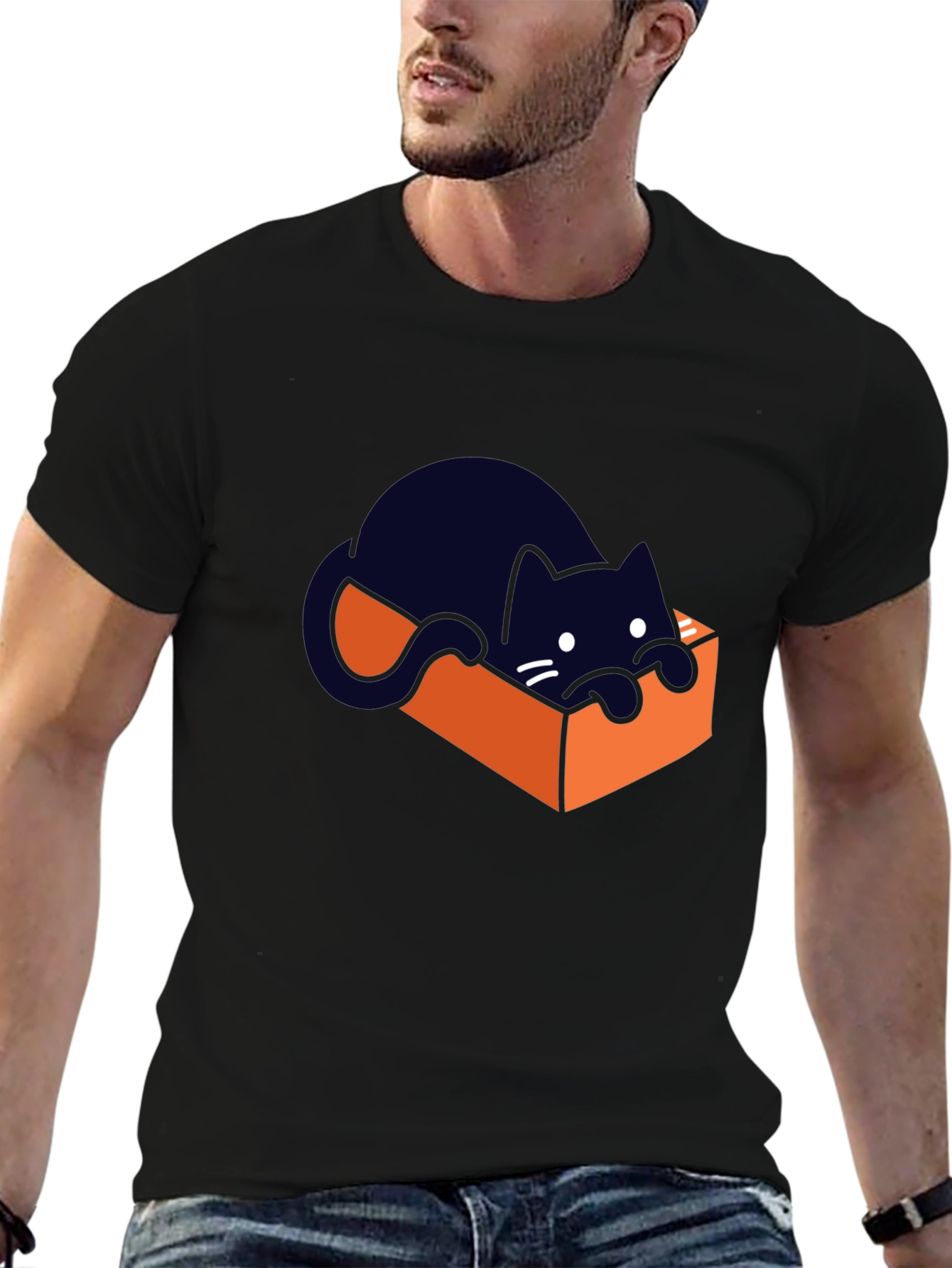 Cute Cat in a Box Graphic T-Shirt - Black