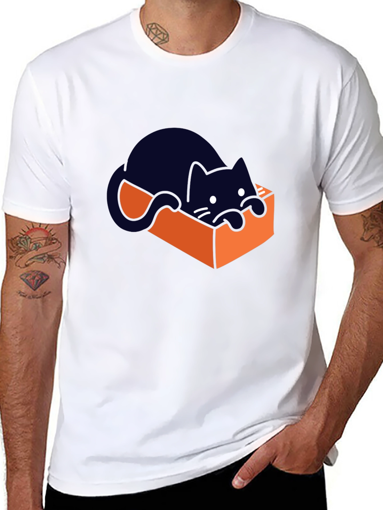 Cute Cat in a Box Graphic T-Shirt - Black