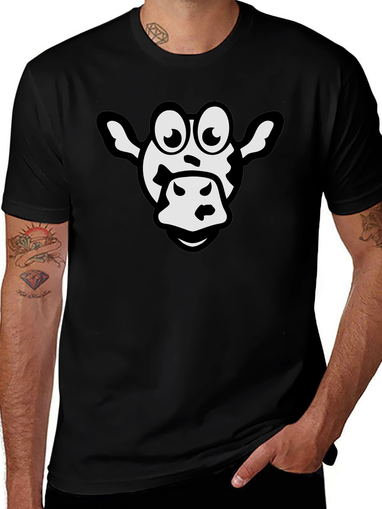 Cartoon Cow Graphic Black T-Shirt