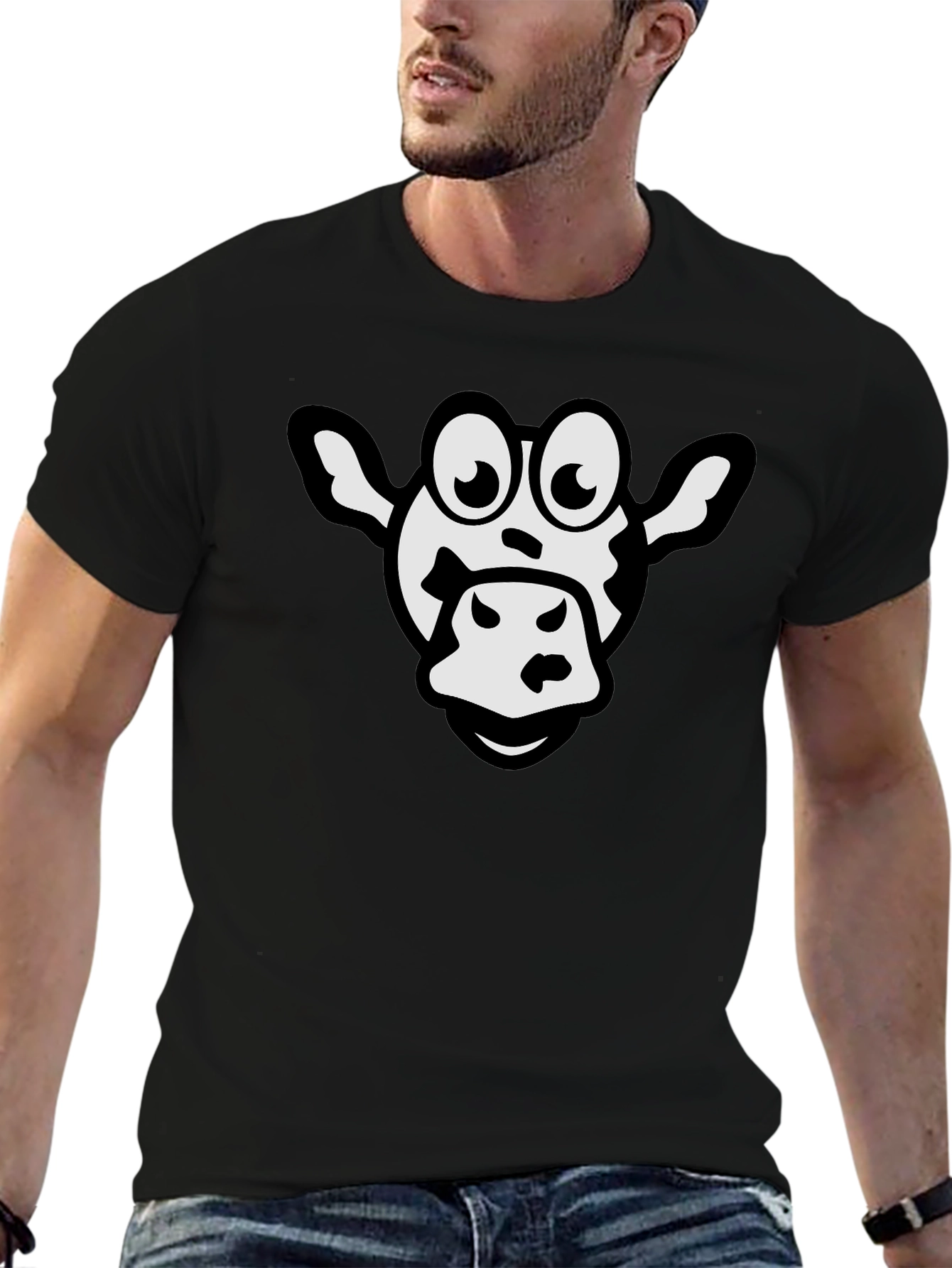 Cartoon Cow Graphic Black T-Shirt