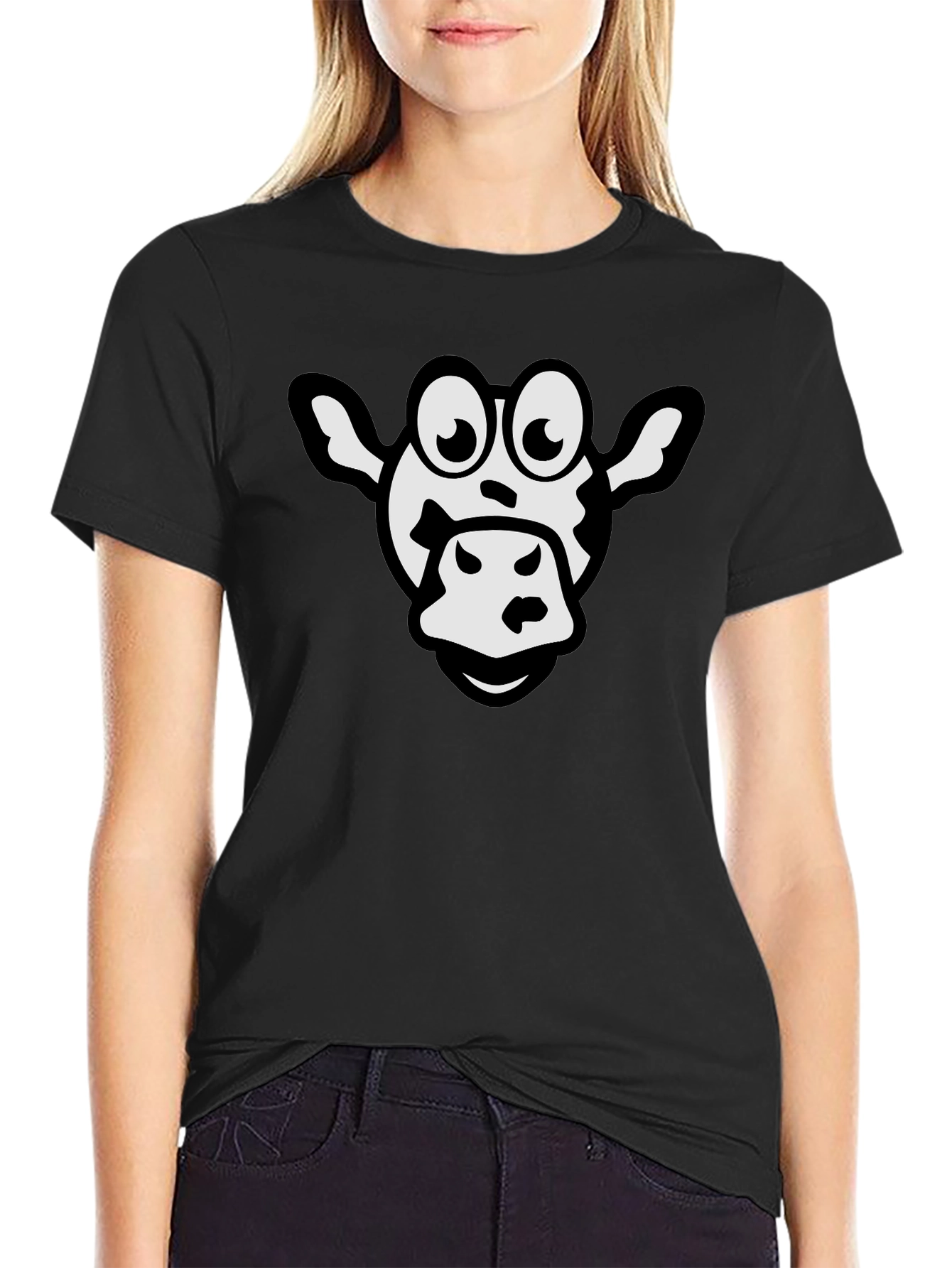Cartoon Cow Graphic Black T-Shirt