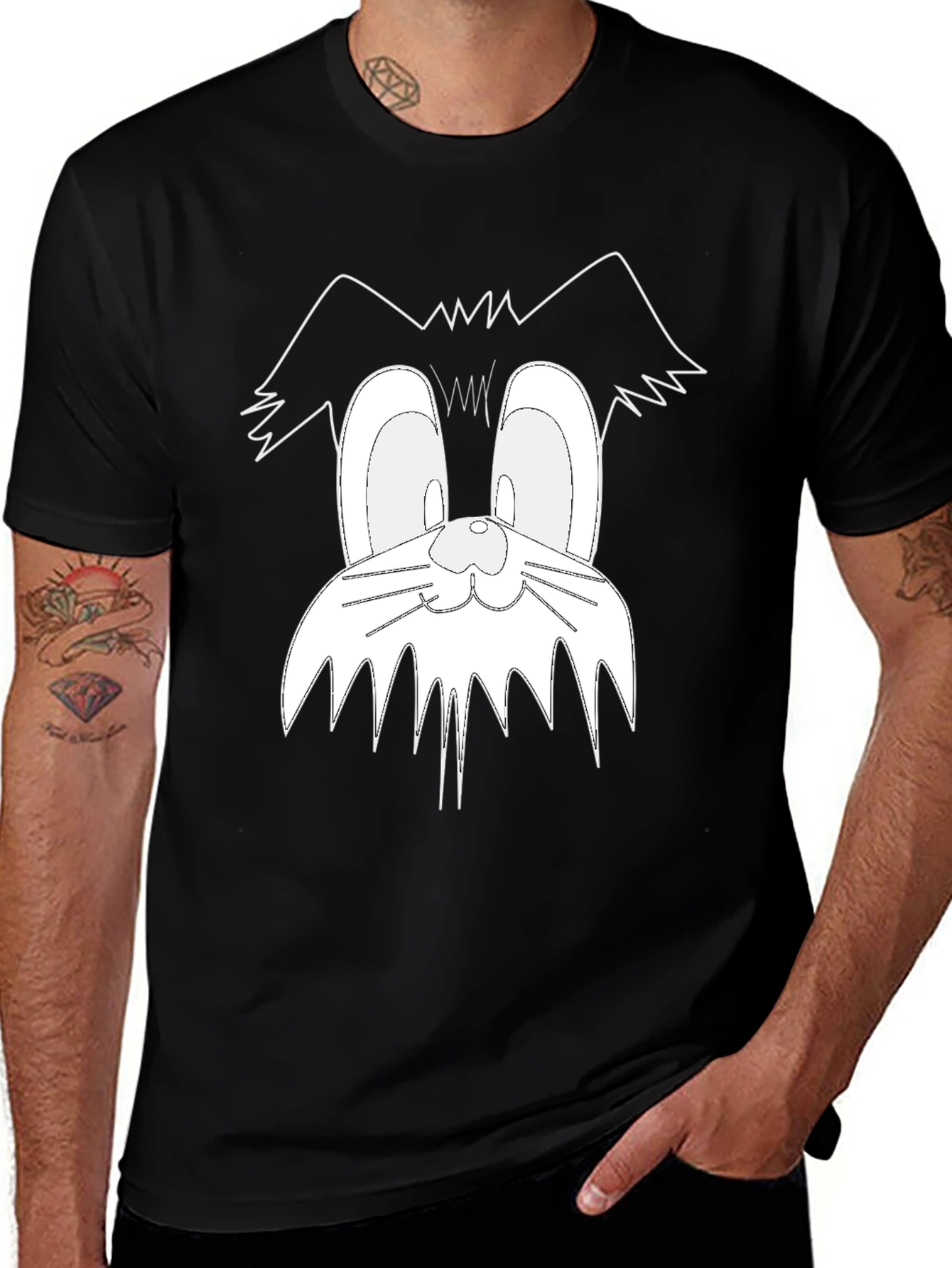 Cartoon Cat Face Graphic Tee - Black