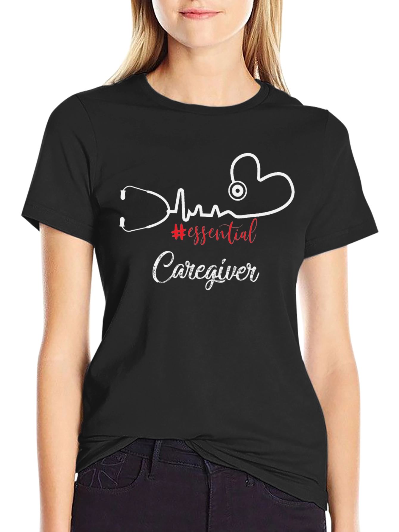 Essential Caregiver T-Shirt - Heartbeat Stethoscope Graphic