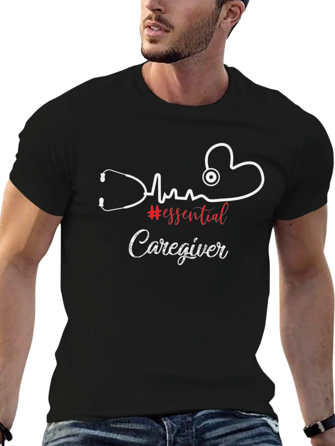 Essential Caregiver T-Shirt - Heartbeat Stethoscope Graphic