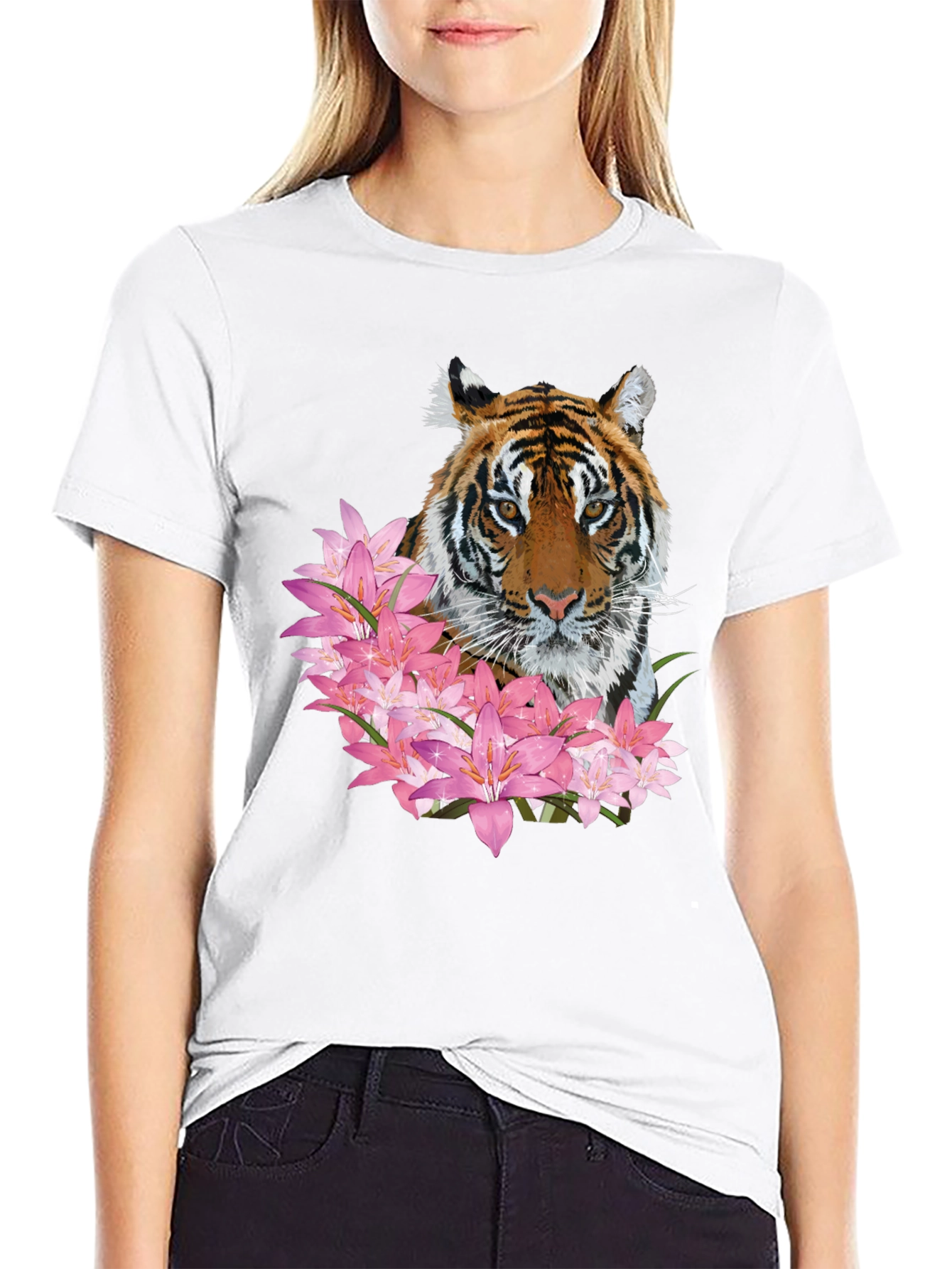 Tiger & Floral Print Black Graphic Tee