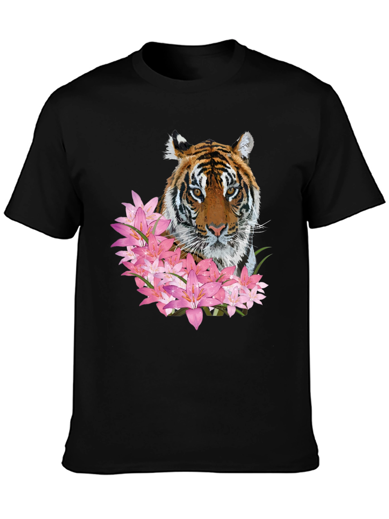 Tiger & Floral Print Black Graphic Tee