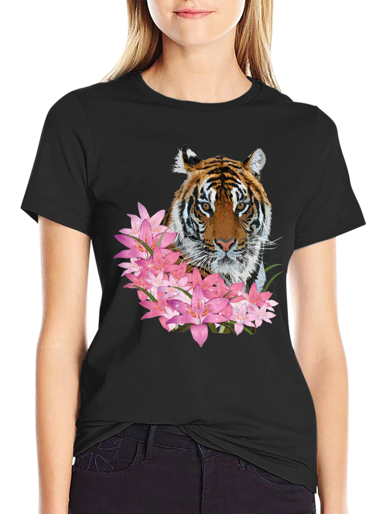 Tiger & Floral Print Black Graphic Tee
