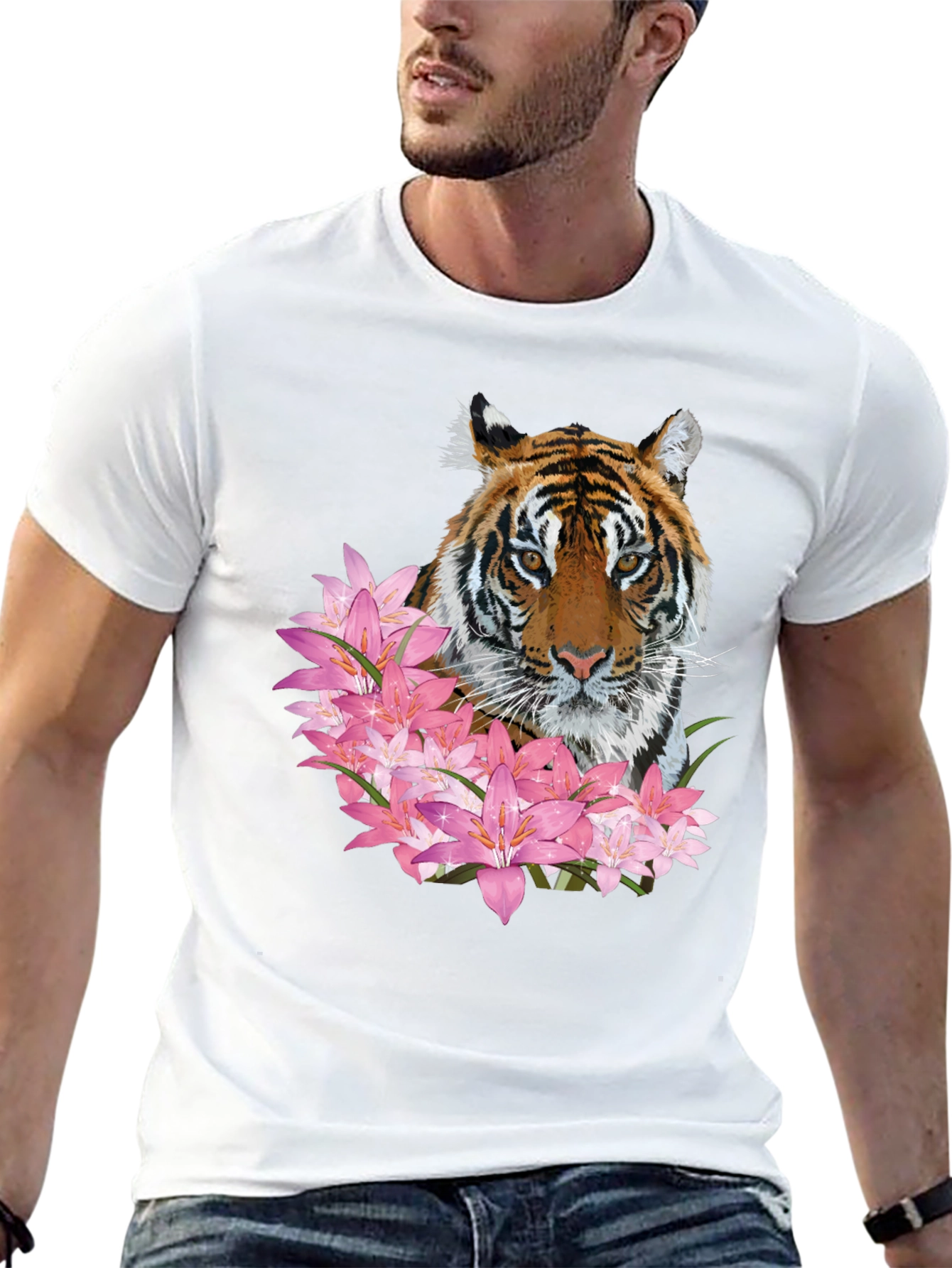 Tiger & Floral Print Black Graphic Tee