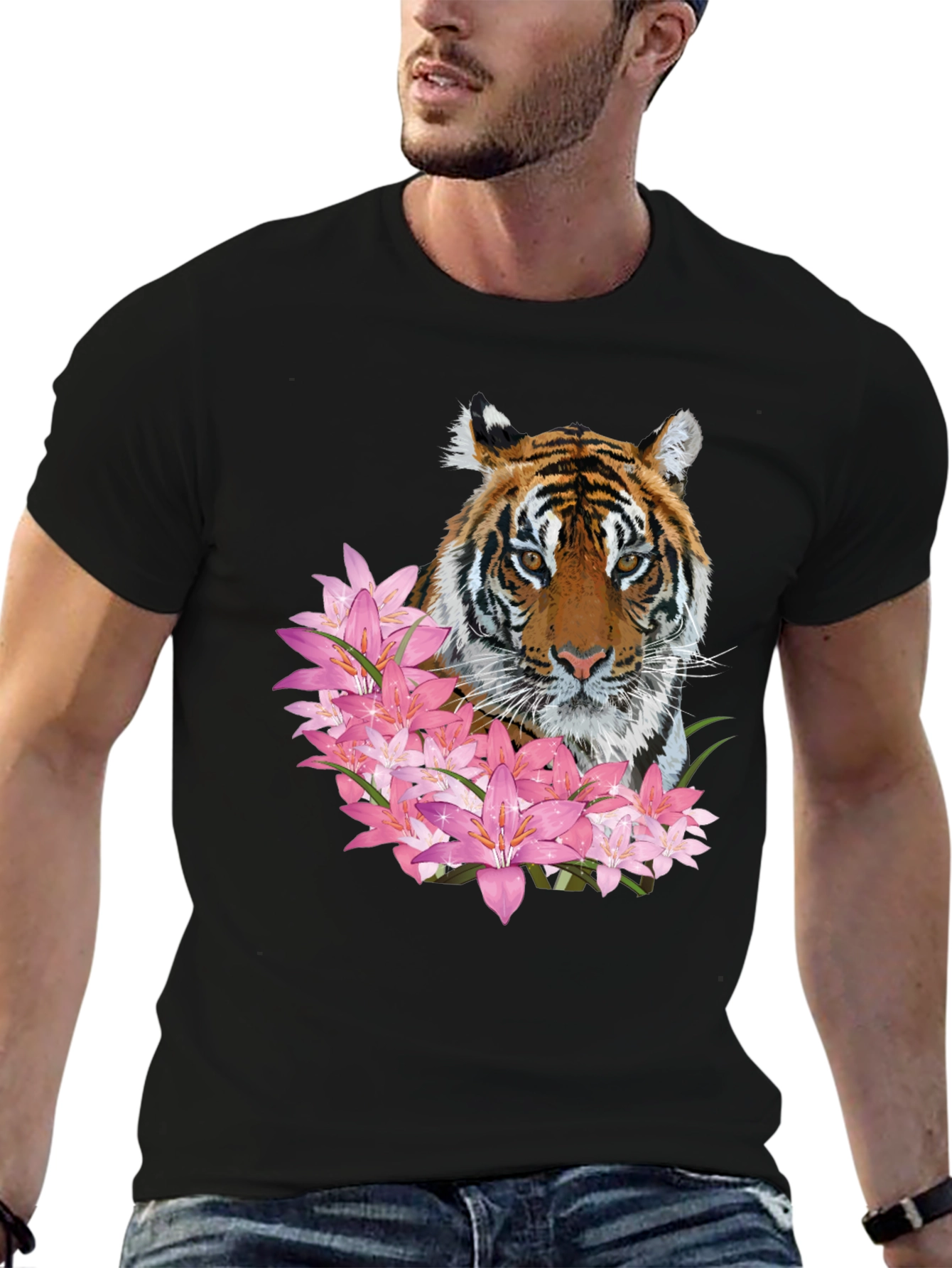 Tiger & Floral Print Black Graphic Tee