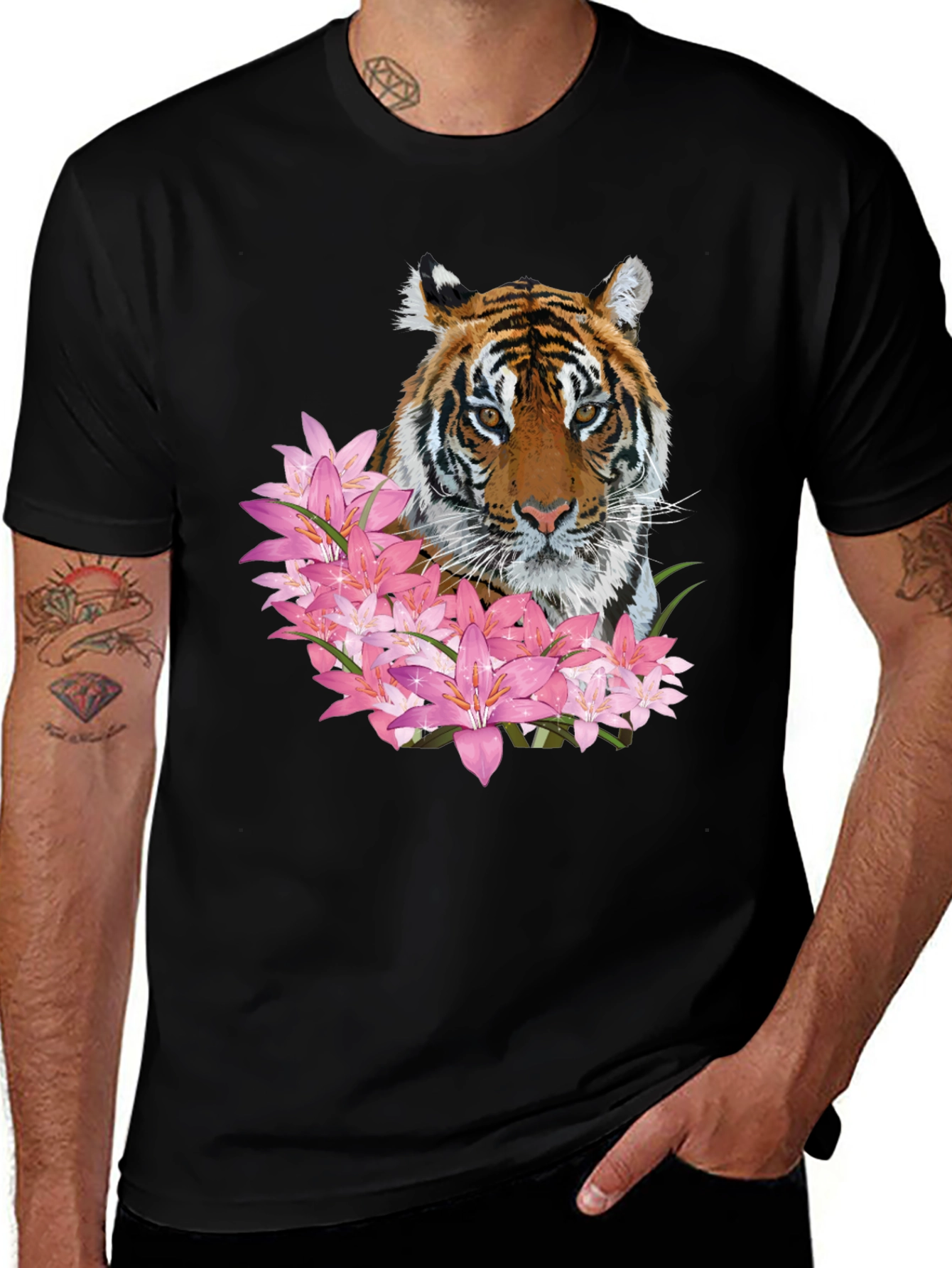 Tiger & Floral Print Black Graphic Tee