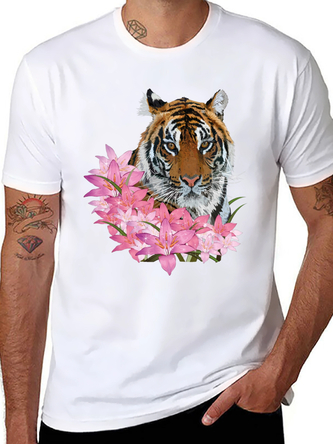 Tiger & Floral Print Black Graphic Tee