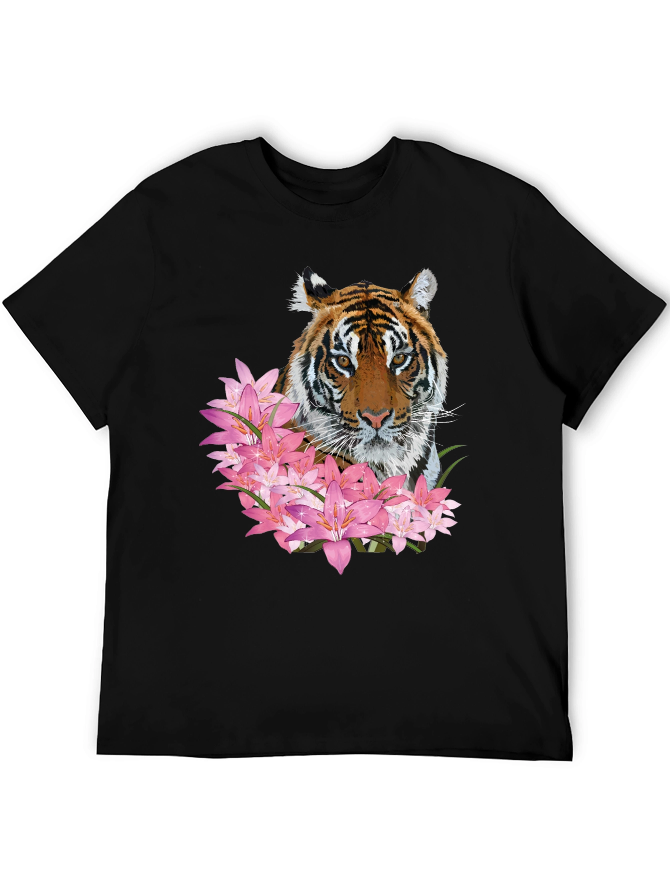 Tiger & Floral Print Black Graphic Tee