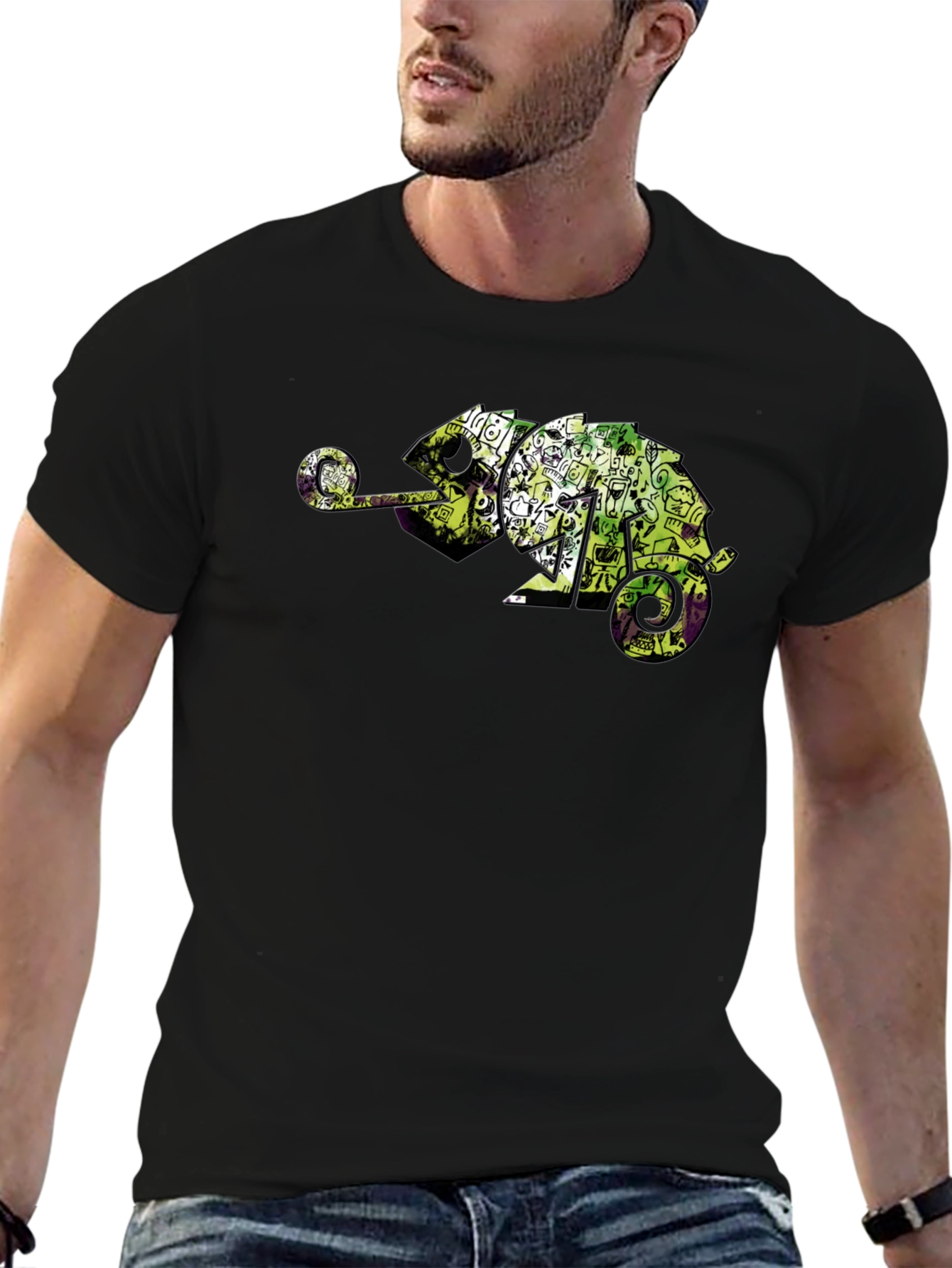 Cool Chameleon Graphic Tee - Black Casual T-Shirt