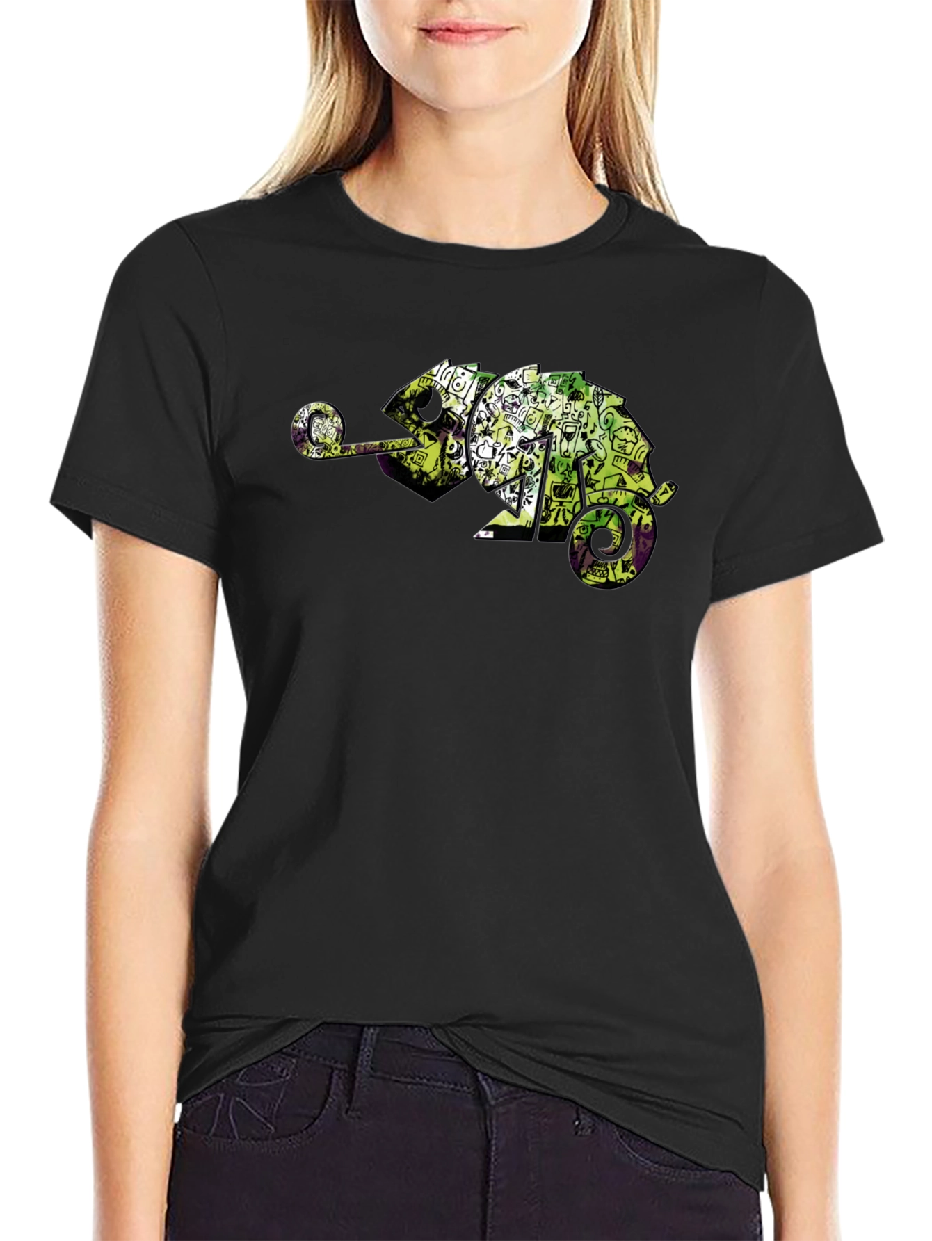 Cool Chameleon Graphic Tee - Black Casual T-Shirt
