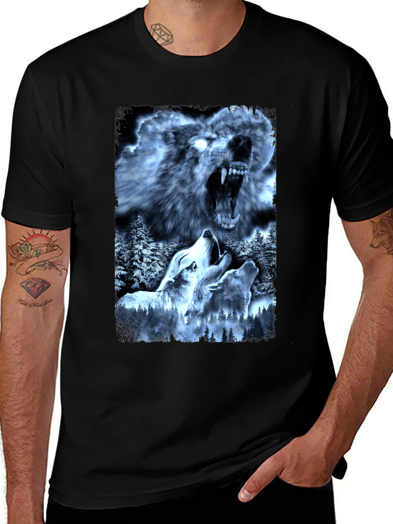 Wolf Pack Graphic Tee - Black Cotton T-Shirt