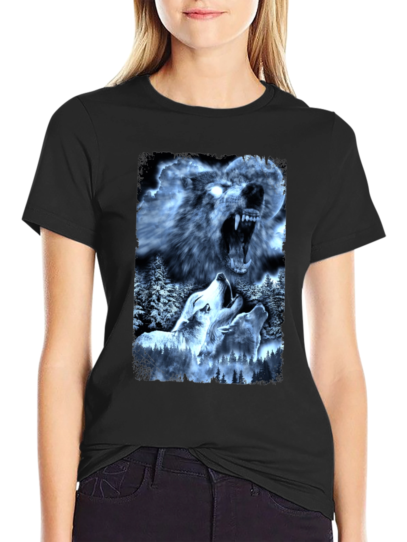 Wolf Pack Graphic Tee - Black Cotton T-Shirt