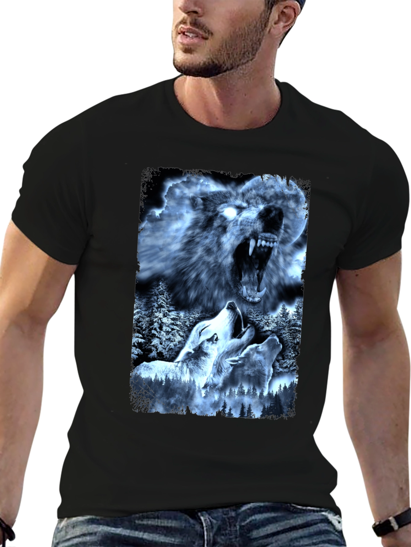 Wolf Pack Graphic Tee - Black Cotton T-Shirt