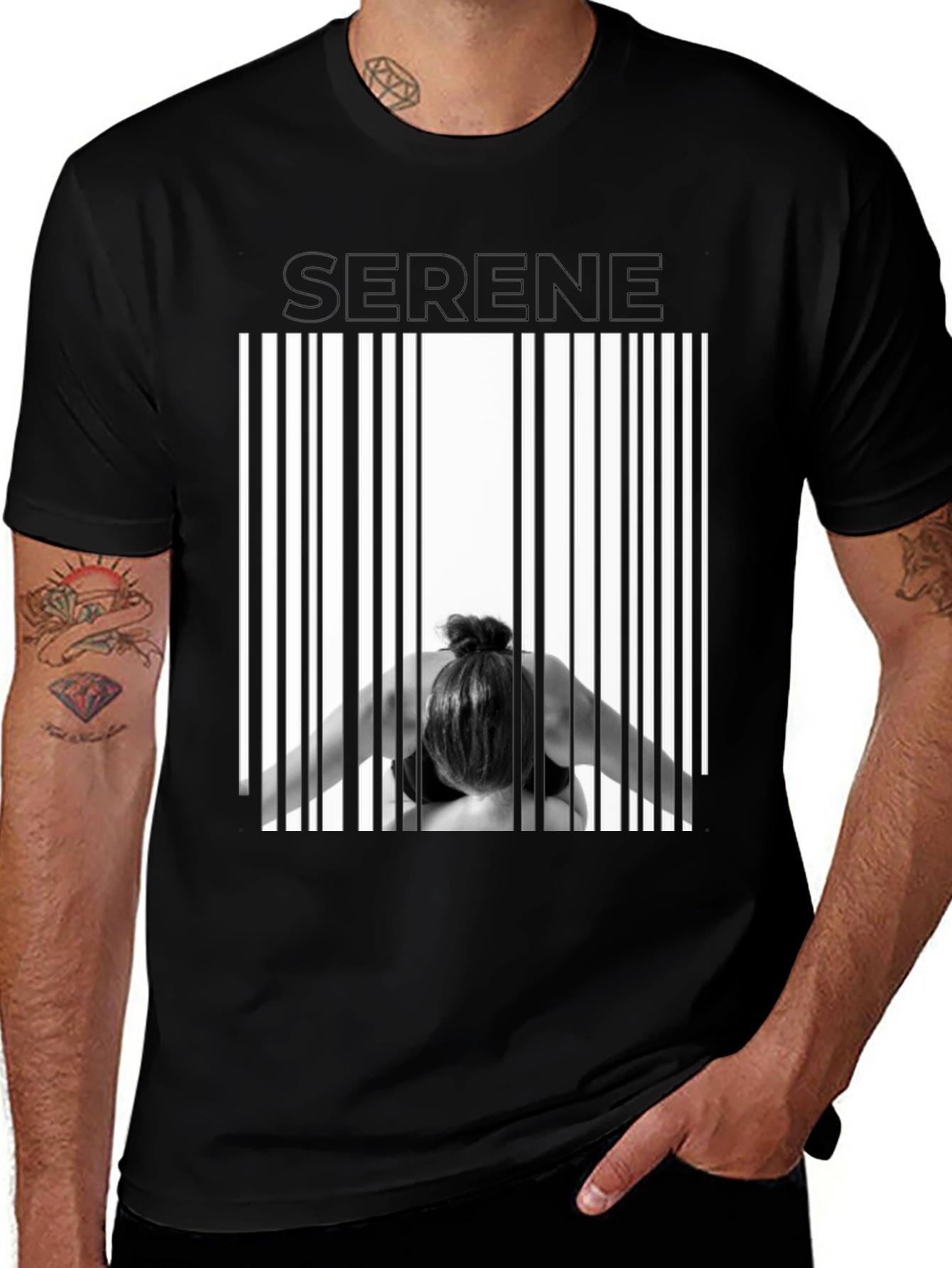 Serene Pose Barcode T-Shirt - Modern Graphic Tee