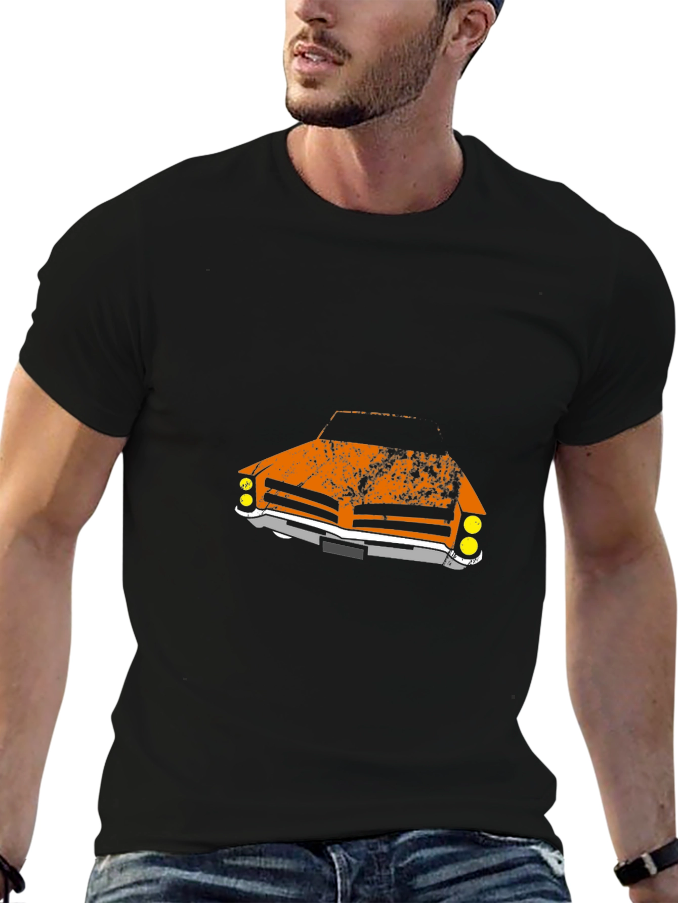 Retro Car Graphic Tee - Black Cotton T-Shirt