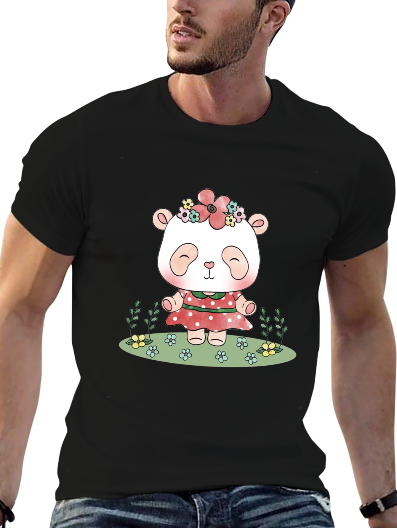 Cute Panda Bear Graphic Tee - Black Casual T-Shirt