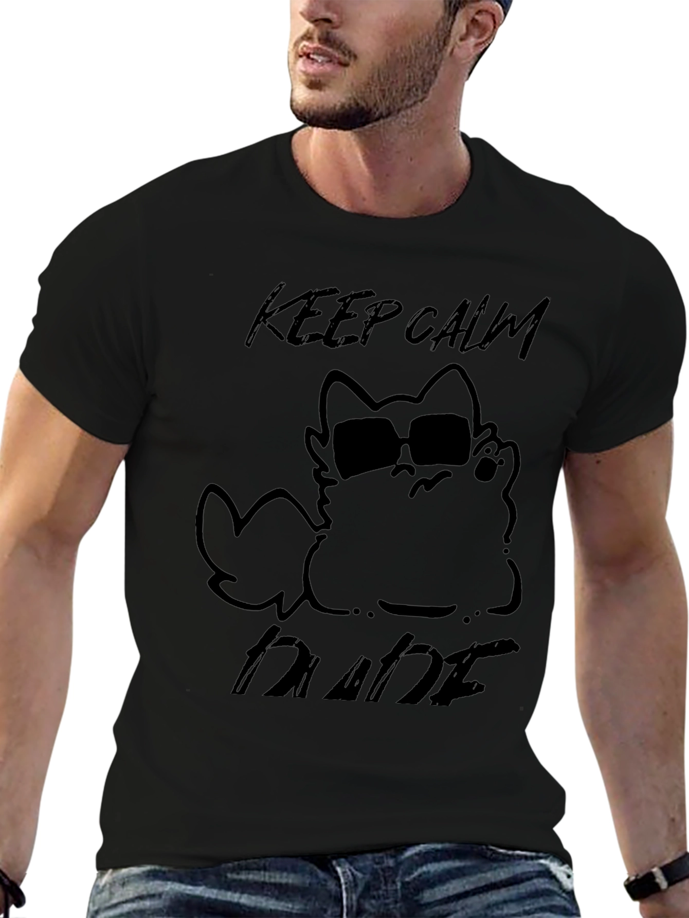 Keep Calm Dude Cat T-Shirt - Black