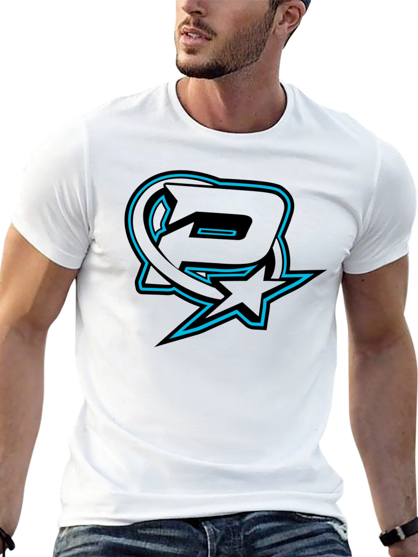 Black T-Shirt with Blue Logo Graphic