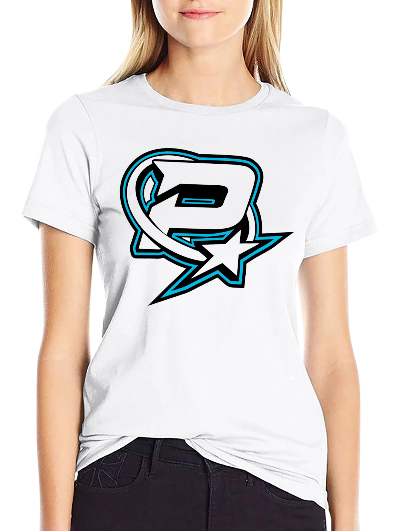 Black T-Shirt with Blue Logo Graphic