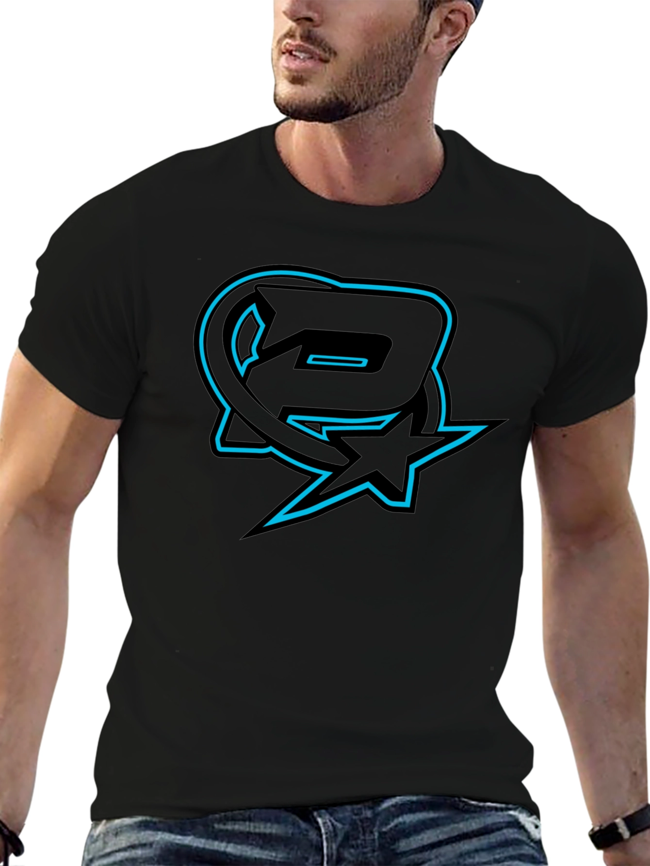 Black T-Shirt with Blue Logo Graphic