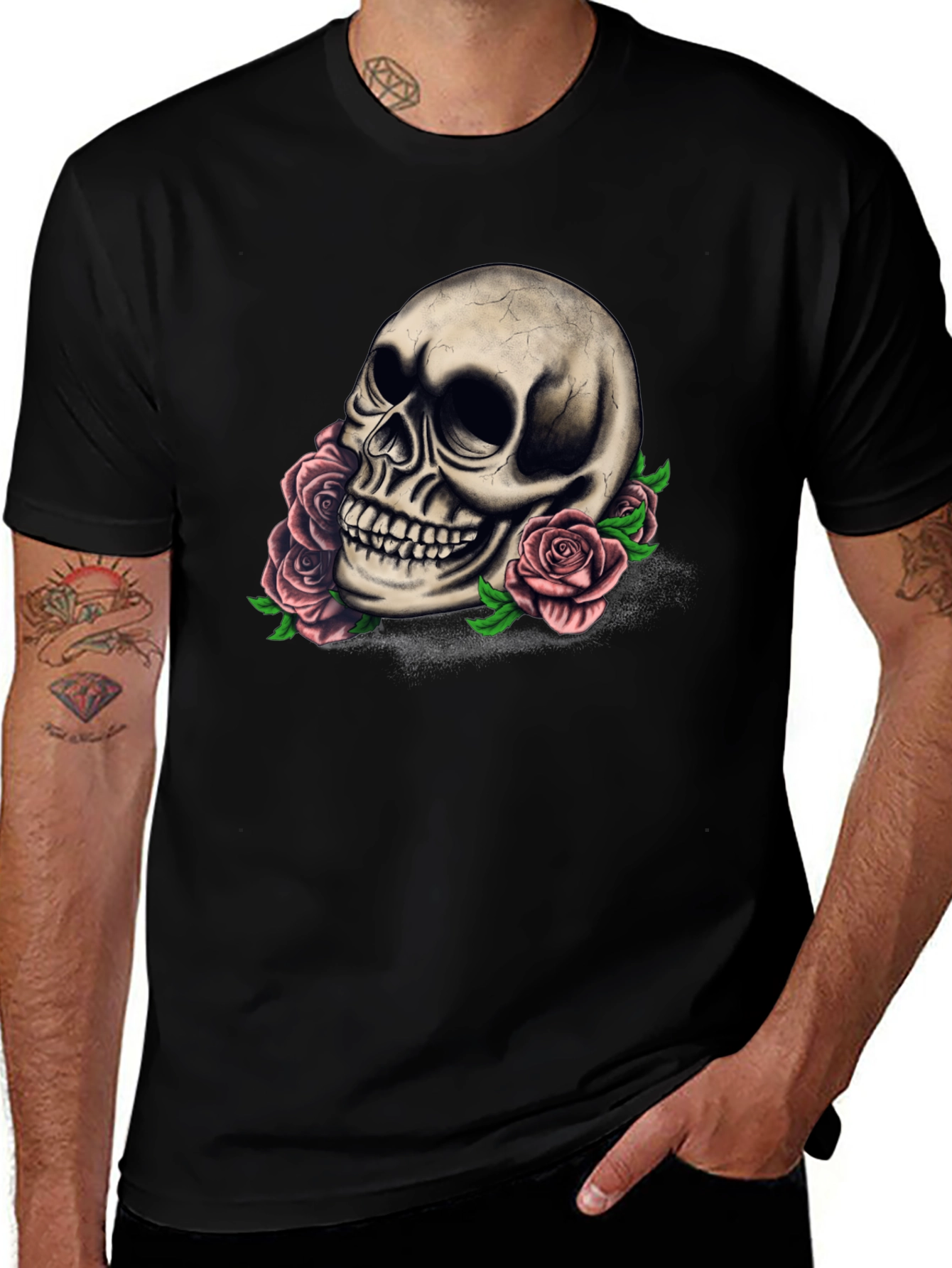 Skull and Roses Graphic Tee - Dark Style