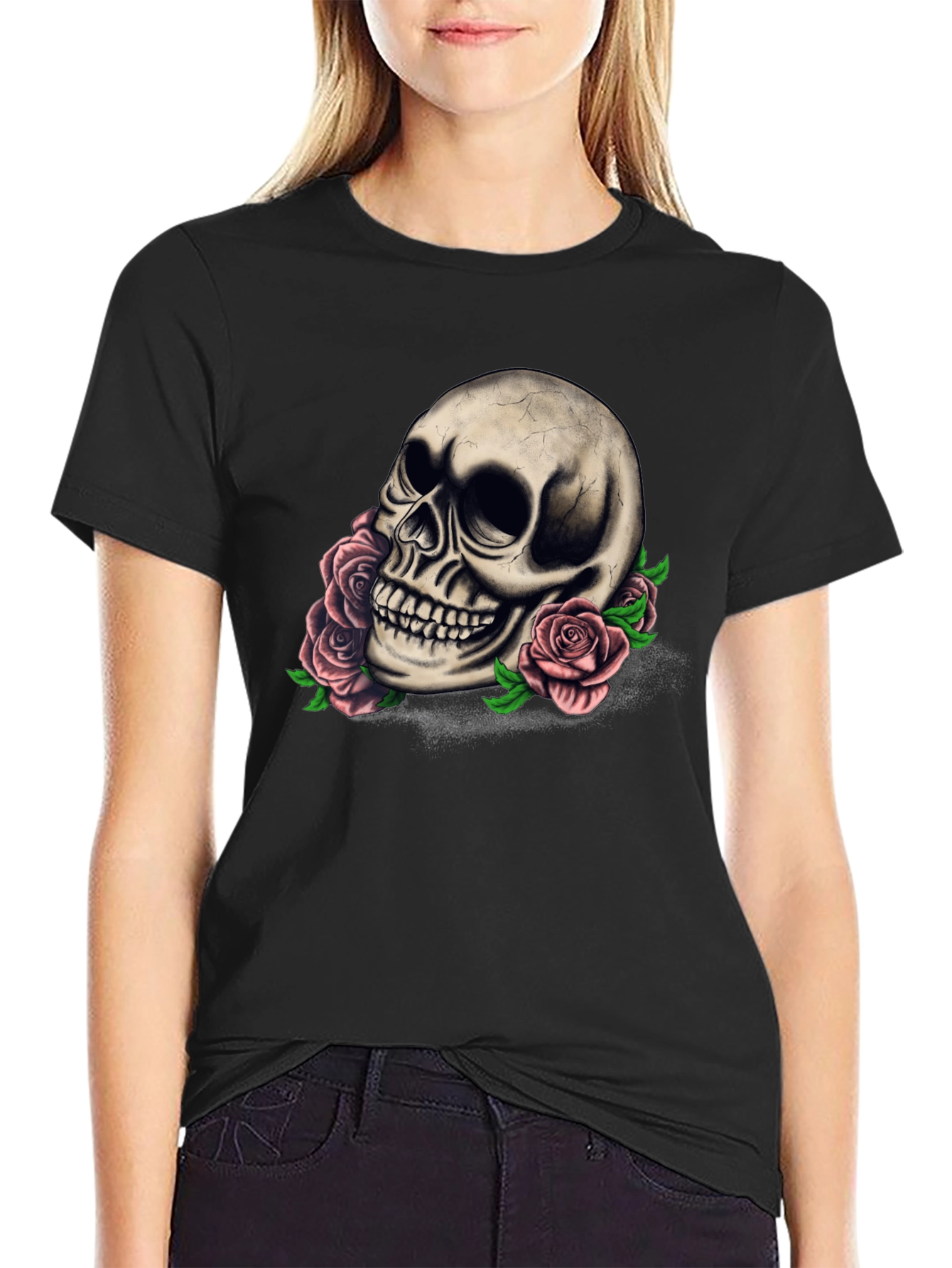 Skull and Roses Graphic Tee - Dark Style
