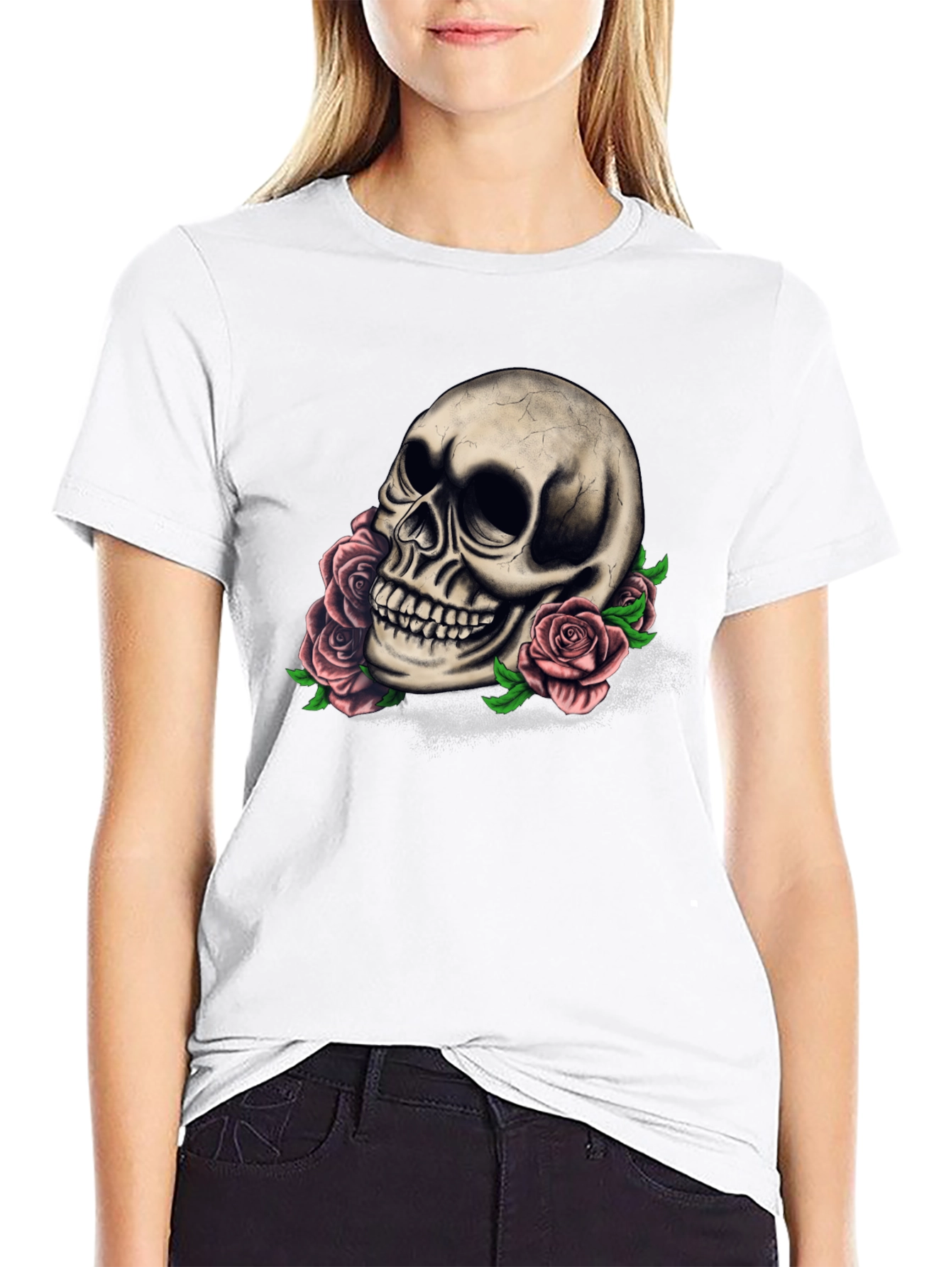 Skull and Roses Graphic Tee - Dark Style