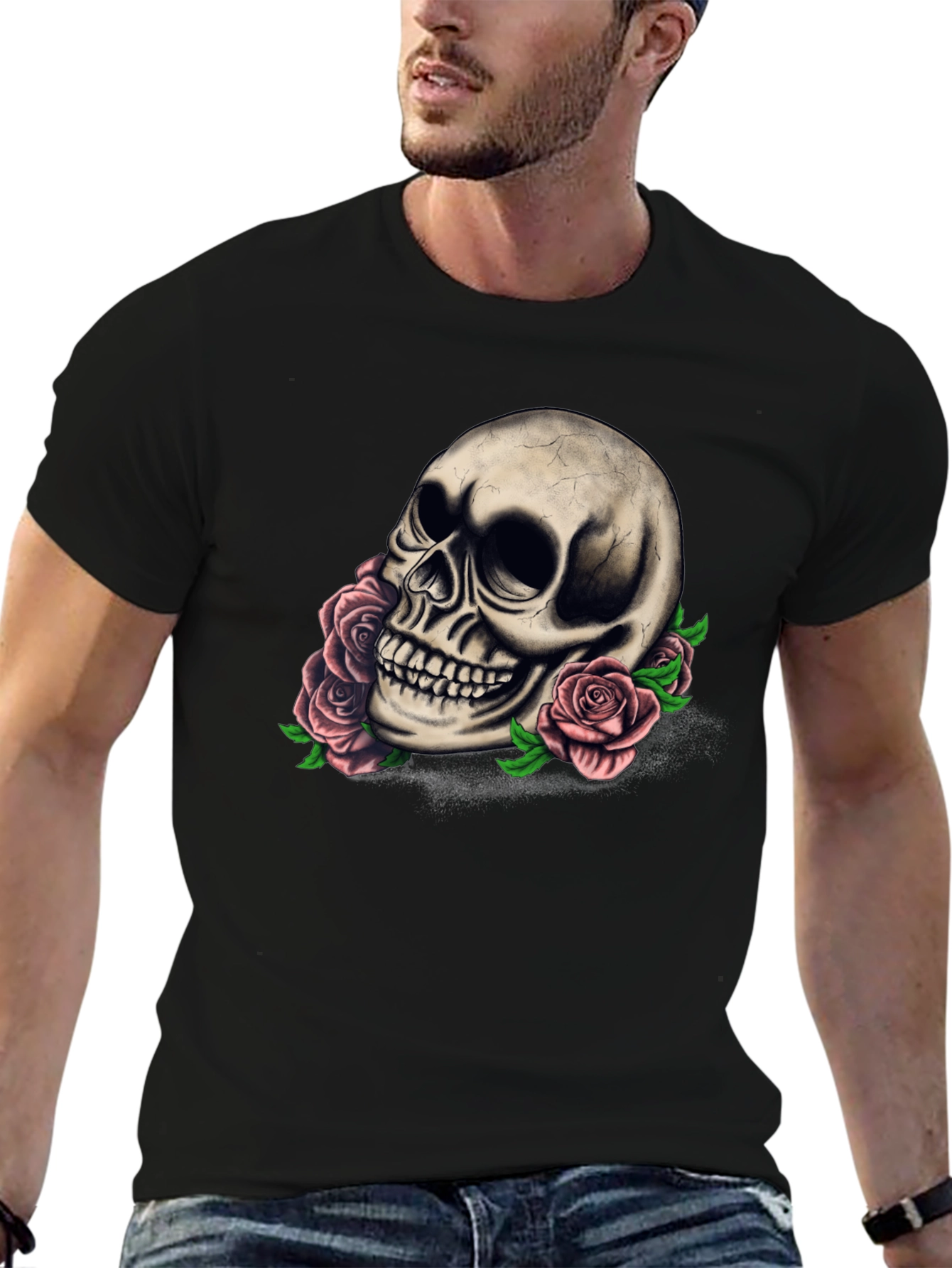 Skull and Roses Graphic Tee - Dark Style