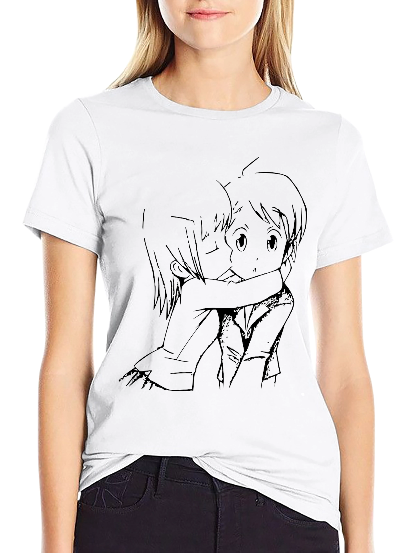 Anime Hug Graphic Black T-Shirt