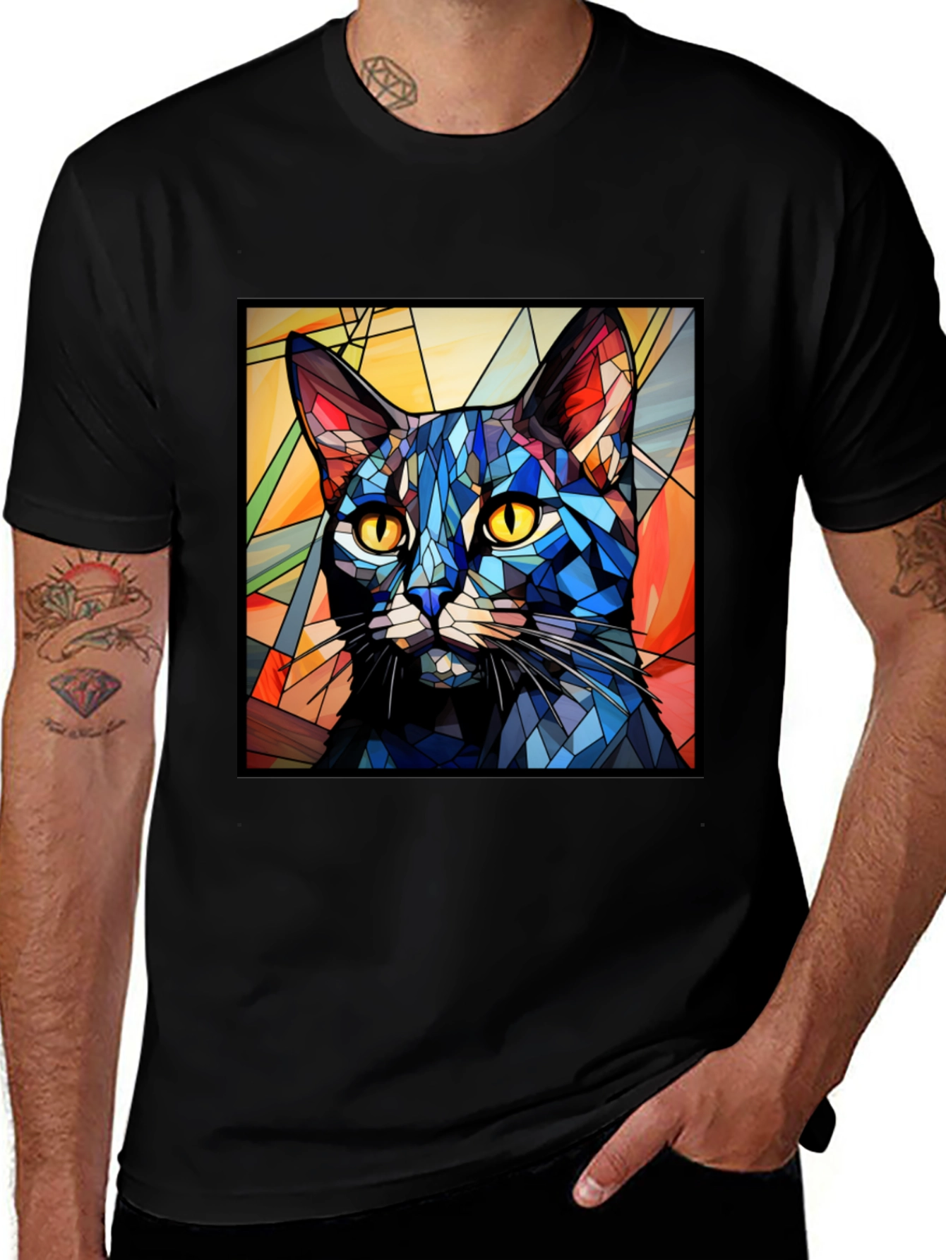 Stained Glass Cat T-Shirt - Artistic Feline Design
