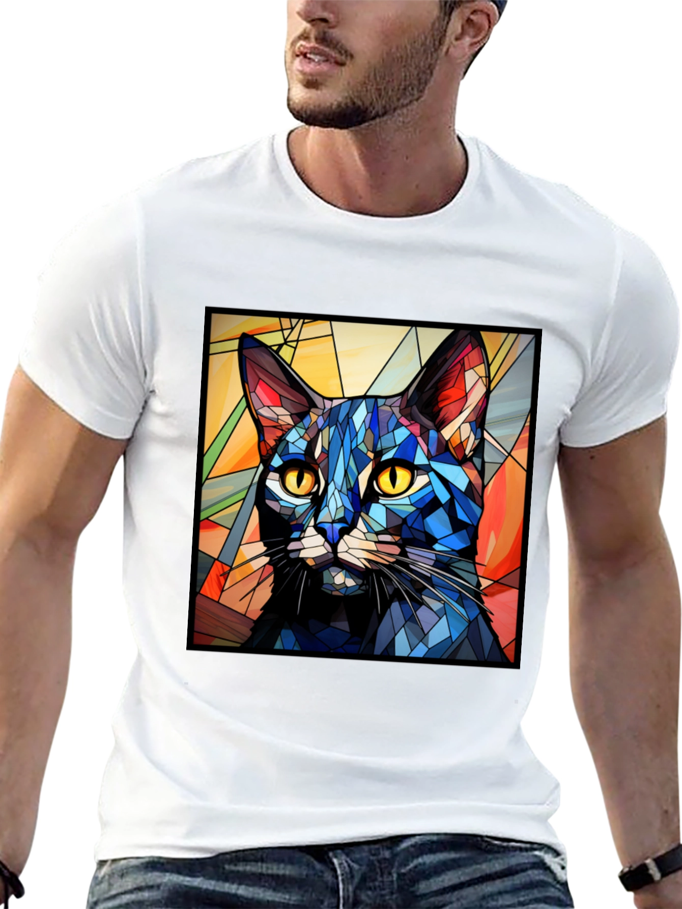Stained Glass Cat T-Shirt - Artistic Feline Design