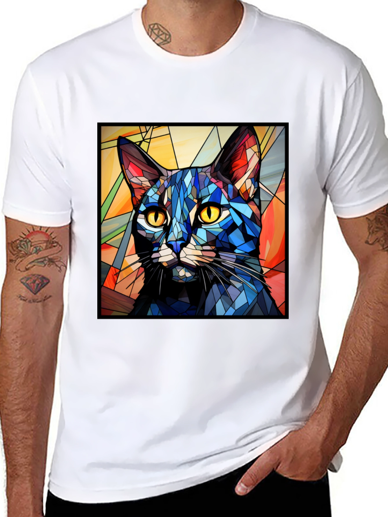 Stained Glass Cat T-Shirt - Artistic Feline Design