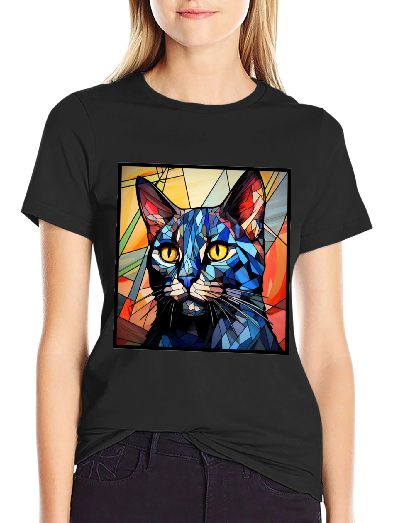 Stained Glass Cat T-Shirt - Artistic Feline Design