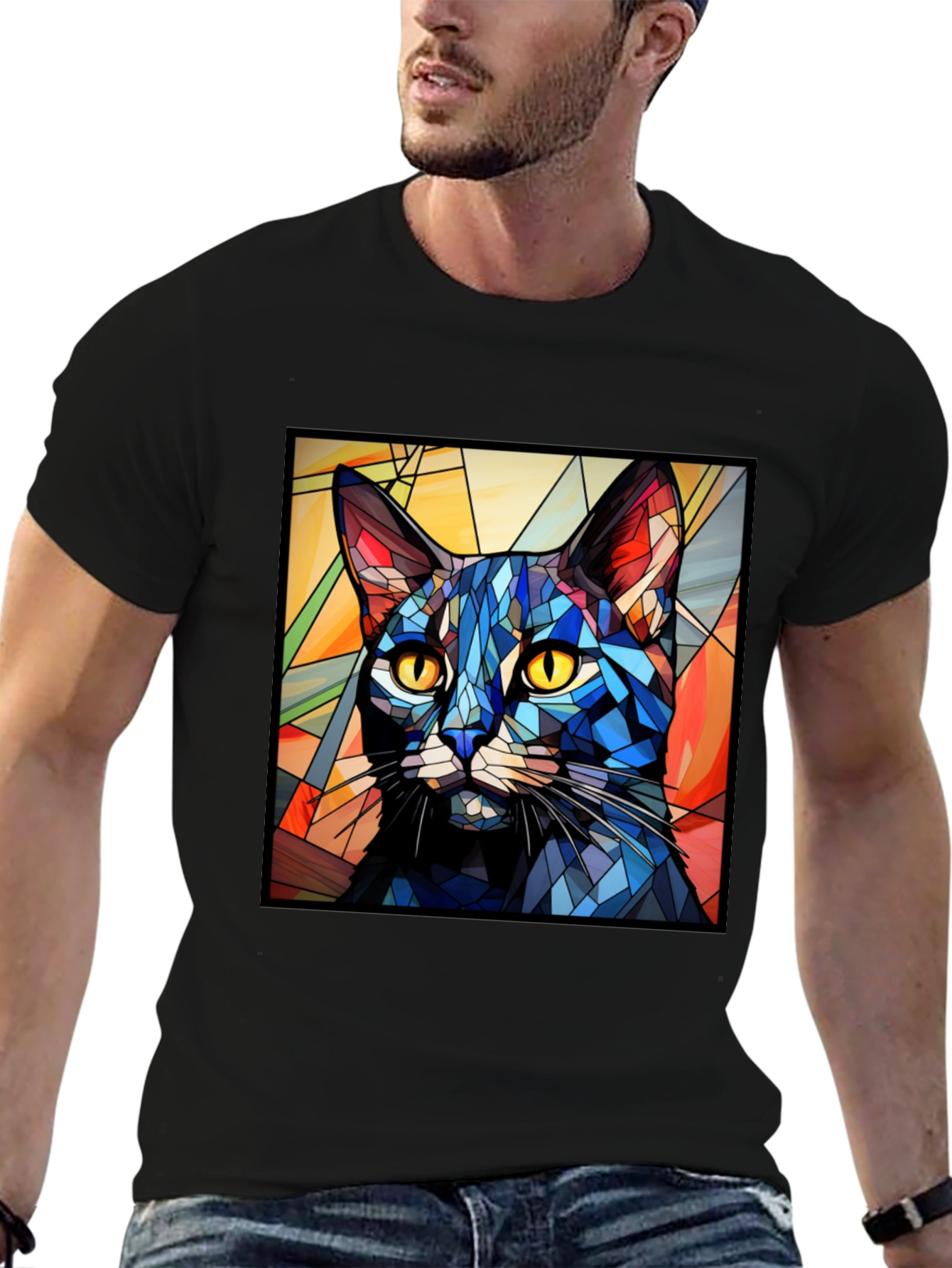 Stained Glass Cat T-Shirt - Artistic Feline Design