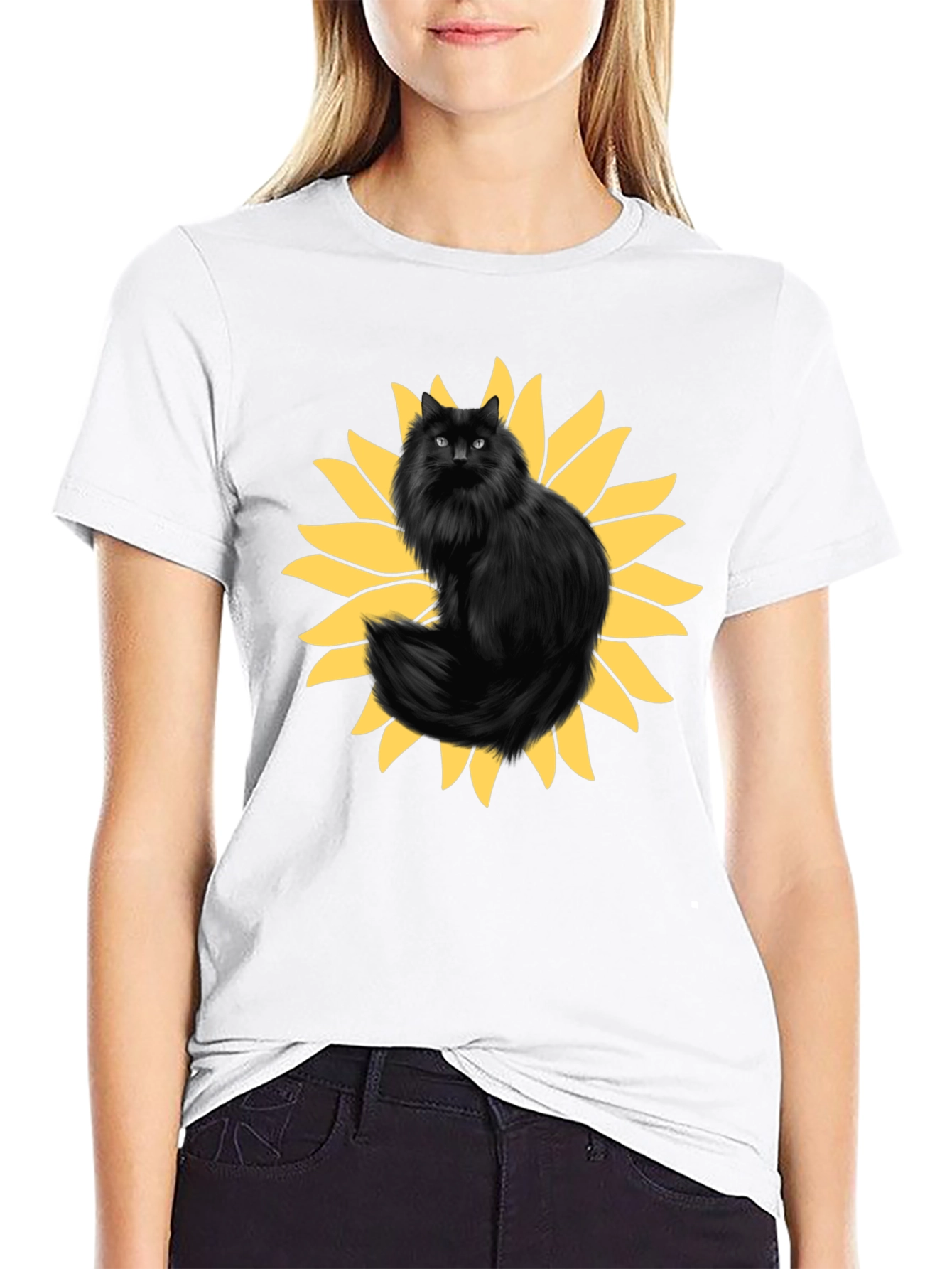 Sunflower Cat Graphic Tee - Black Cotton T-Shirt