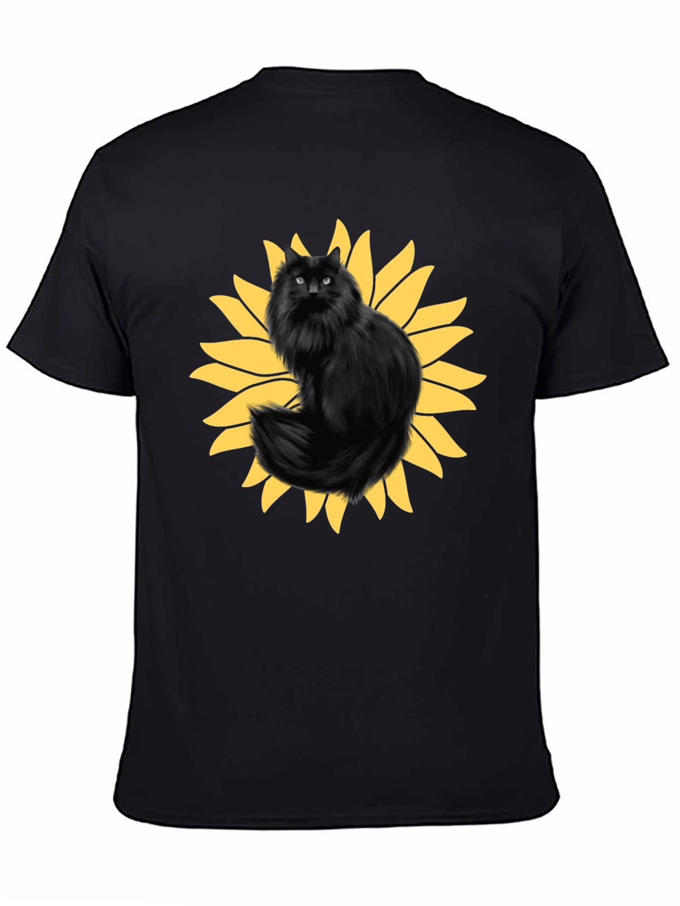 Sunflower Cat Graphic Tee - Black Cotton T-Shirt