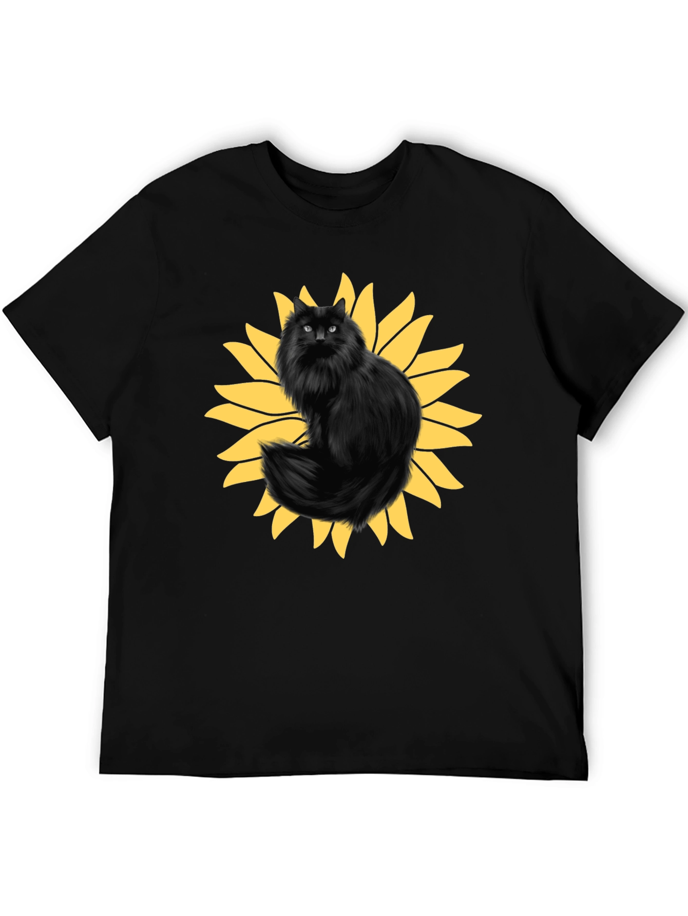 Sunflower Cat Graphic Tee - Black Cotton T-Shirt