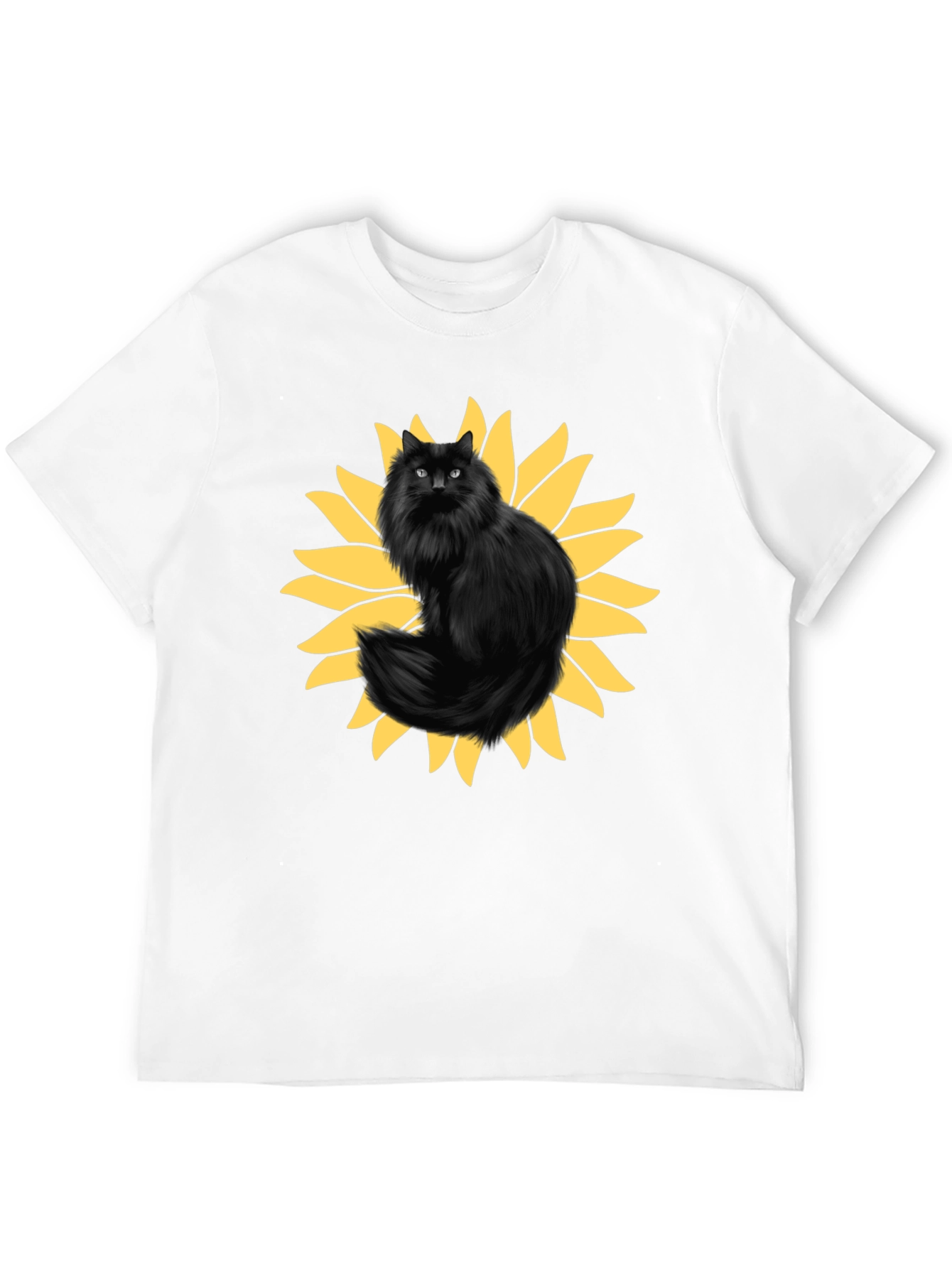 Sunflower Cat Graphic Tee - Black Cotton T-Shirt
