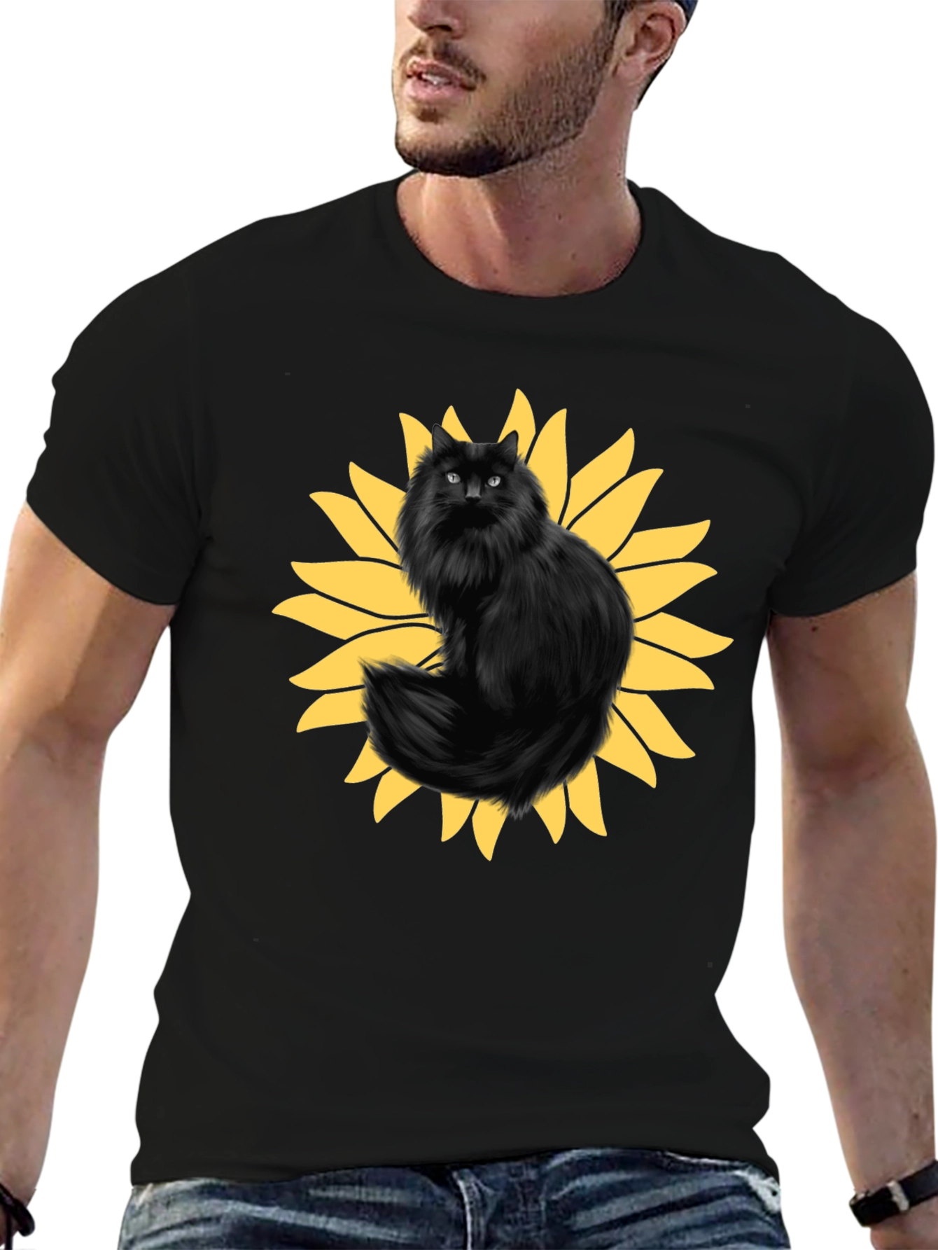 Sunflower Cat Graphic Tee - Black Cotton T-Shirt