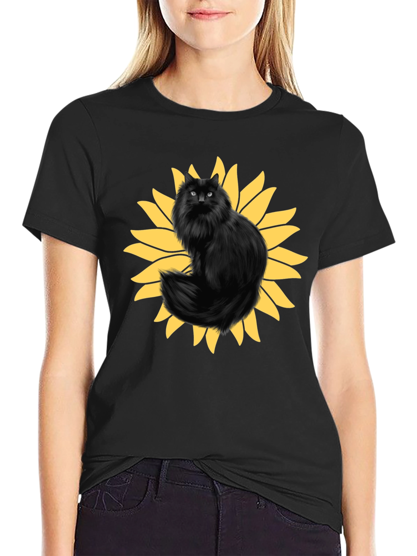Sunflower Cat Graphic Tee - Black Cotton T-Shirt