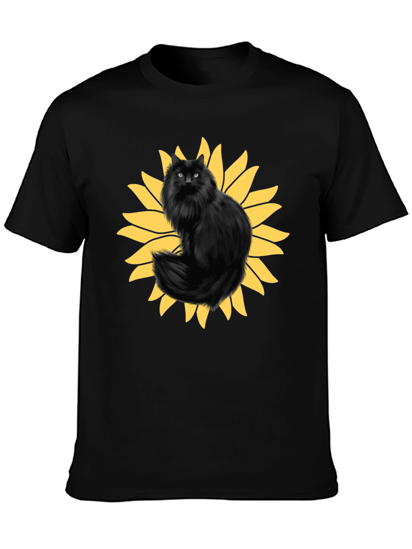 Sunflower Cat Graphic Tee - Black Cotton T-Shirt